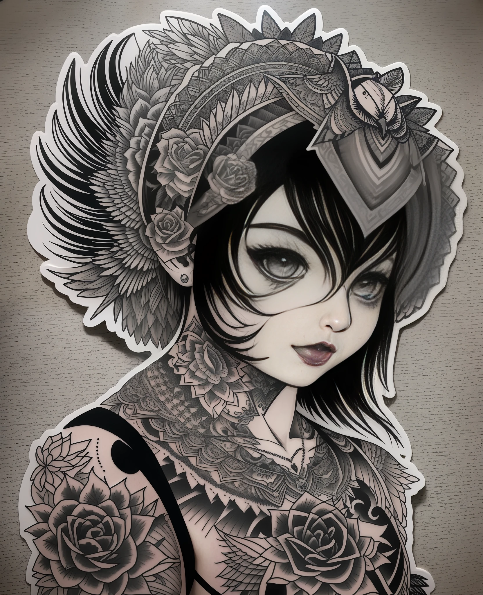 1sticker、Black and gray tattoo、Chicano tattoo、Black and white expression、owl