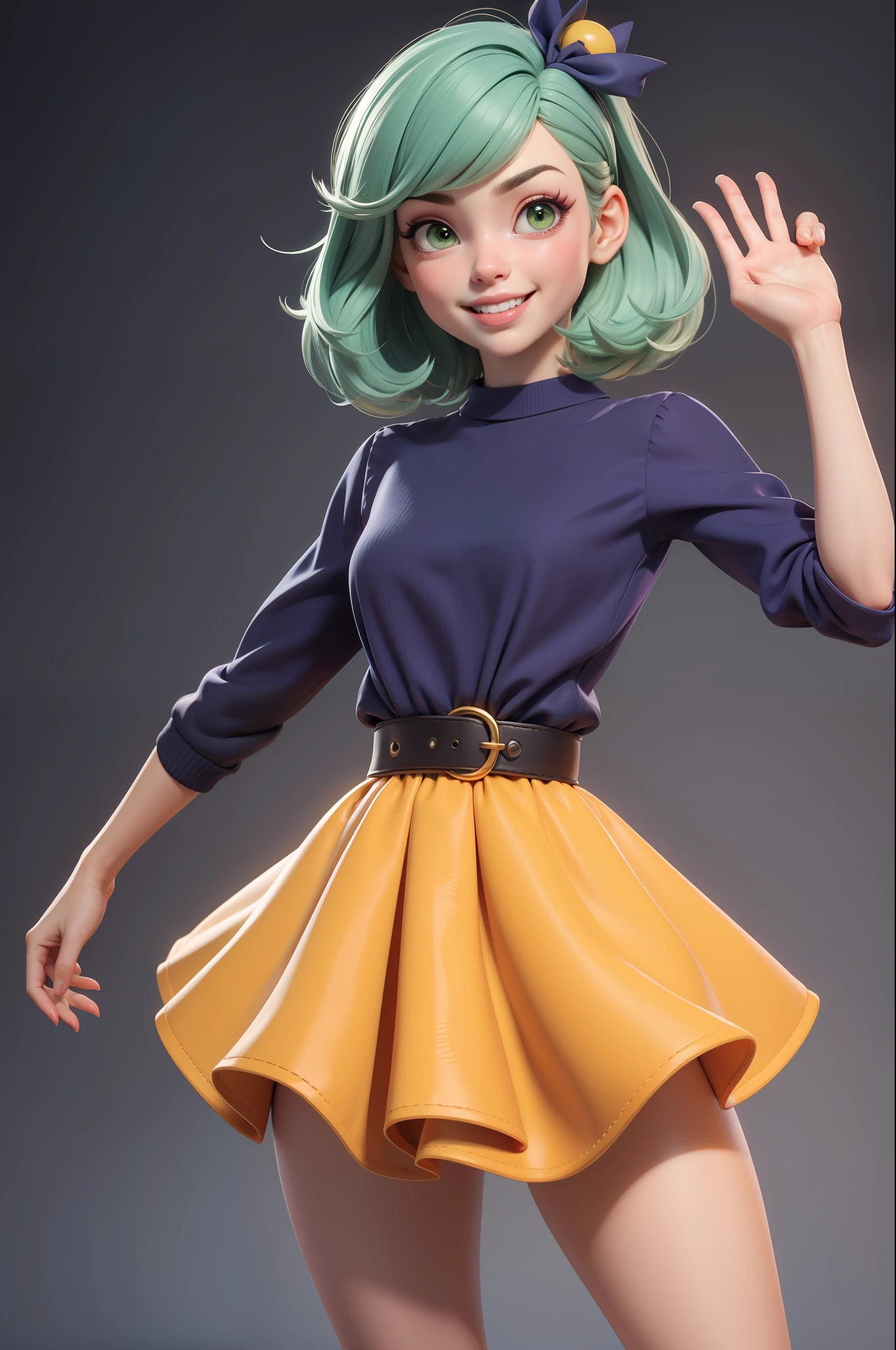 obra-prima, melhor qualidade, trabalho de rending 3d, estilo 3DMM, 3D, 1girl, solo, cabelo multicolorido, cabelo amarelo, cabelo laranja, colar, sardas, joias, cabelo de dois tons, olhando para o lado, realista, de corpo inteiro, fundo simples claro, franja, olhando para longe, cabelo curto, separated-lips, olhos verdes,gotic, gargantilha, maquiagem, vestido rosa claro, sorrindo, lindos dentes, perfect arms, perfect hands, pernas, perfeitas, salto alto amarelo