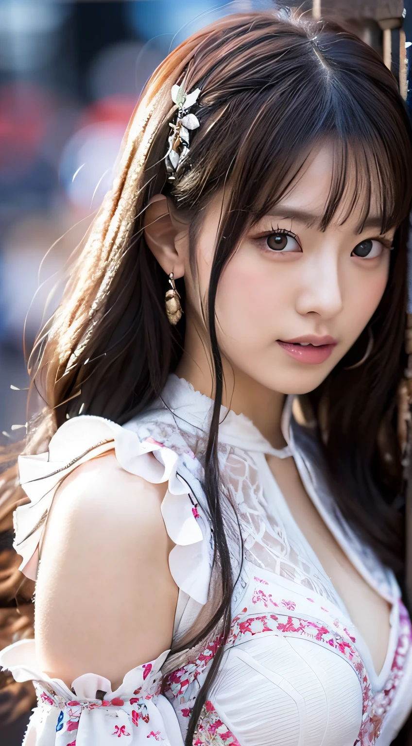 (巨作、最好质量、ultra hyper-detailed、A high resolution、At 8K、photoreallistic、Raw photography)、(最好质量、巨作)、Photo of a cute Japanese woman、1girl in、17歳、japanes、(Women's Figure Skating Costumes)、(Cute ruffled costumes)、(White costume)、(body complet)、White and beautiful skin、Medium Long Hair、simple background、looking at the viewers