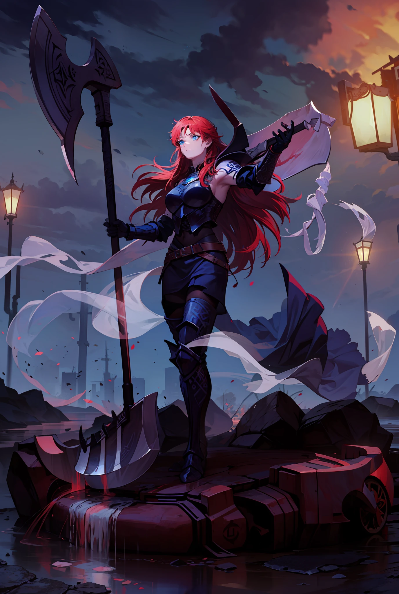Boadicea, red-haired Viking warrior with Nordic armor and rune tattoos on her body and blooming blue eyes holding an axe, 4k