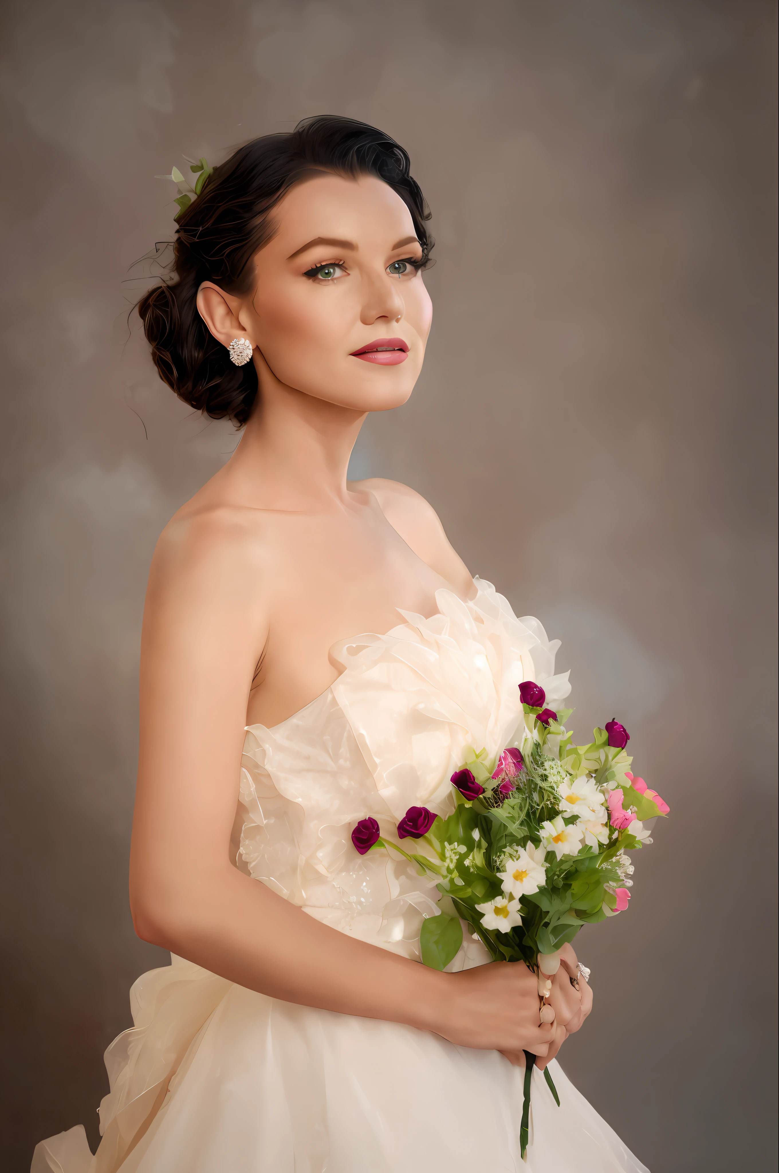 Marilyn Monroe in a wedding dress holding a bouquet of flowers, studio photography portrait, modeling photography, studio portrait photography, photography portrait, color studio portrait, studio photographic portrait, fashion model photography, elegant portrait, profile photography, fashion photograhy, classic portrait, beautiful portrait photo, photoshoot portrait, wearing organza gown, mid shot portrait, medium portrait soft light