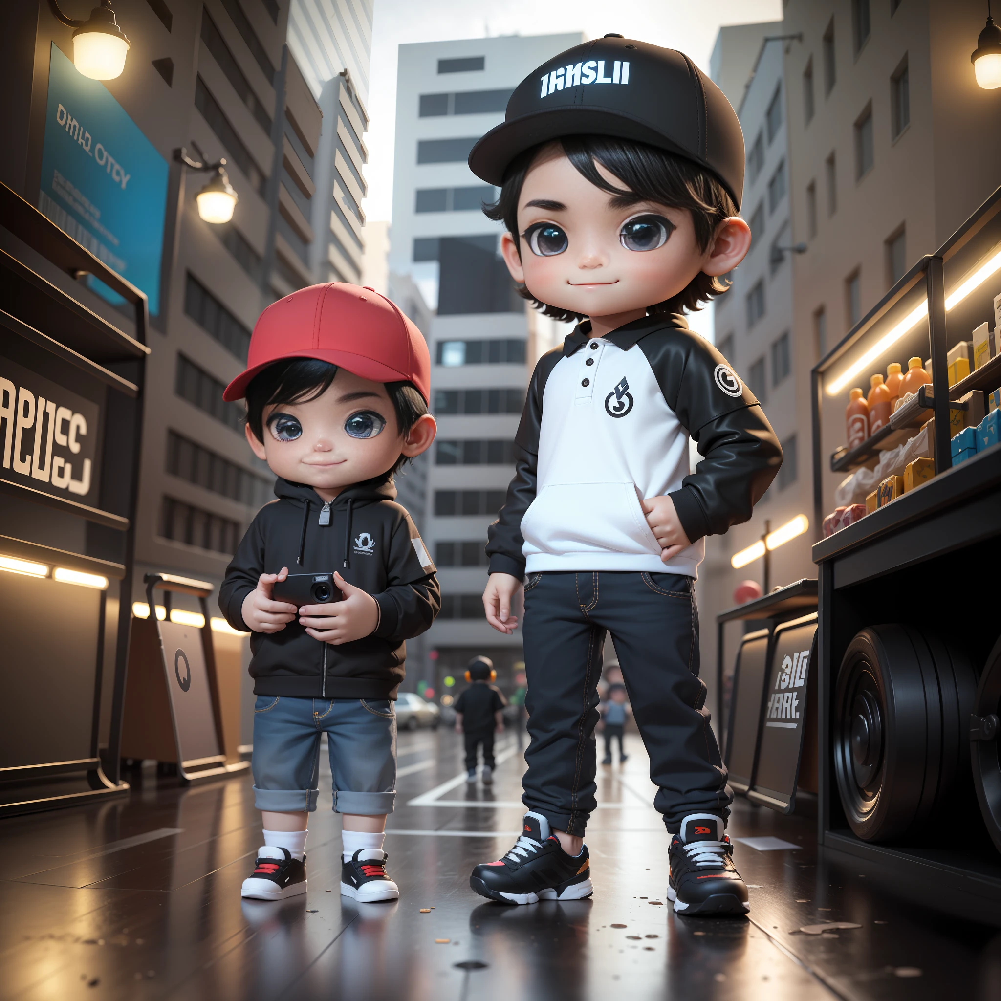 ((masterpiece, best quality)),(complex lighting),,solo, smile, black eyes, black hair, 3d toy, 3d rendering, ip, cyberpunk style, chibi, cute , chibi style, 4 year old, white background, full body, male focus, shoes, pants, polo, baseball cap, street