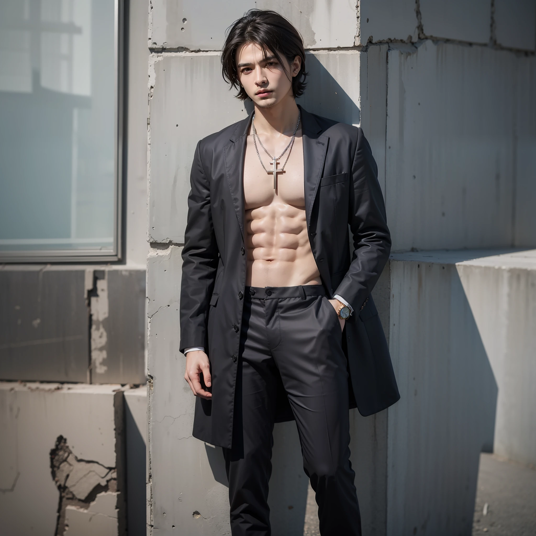full body showing,OriginalPhoto,Ultra photo realsisim,(masterpaintings,8K UHD,hdr,Extremely detailled,Complicated details,Best Quority,Professnal,Dark colors),1boys,Short Hair Hair,Cool expression,With a cross necklace,Open coat,White open shirt,white pantie,(Abs:1.2),Back against the wall,Photo pose,