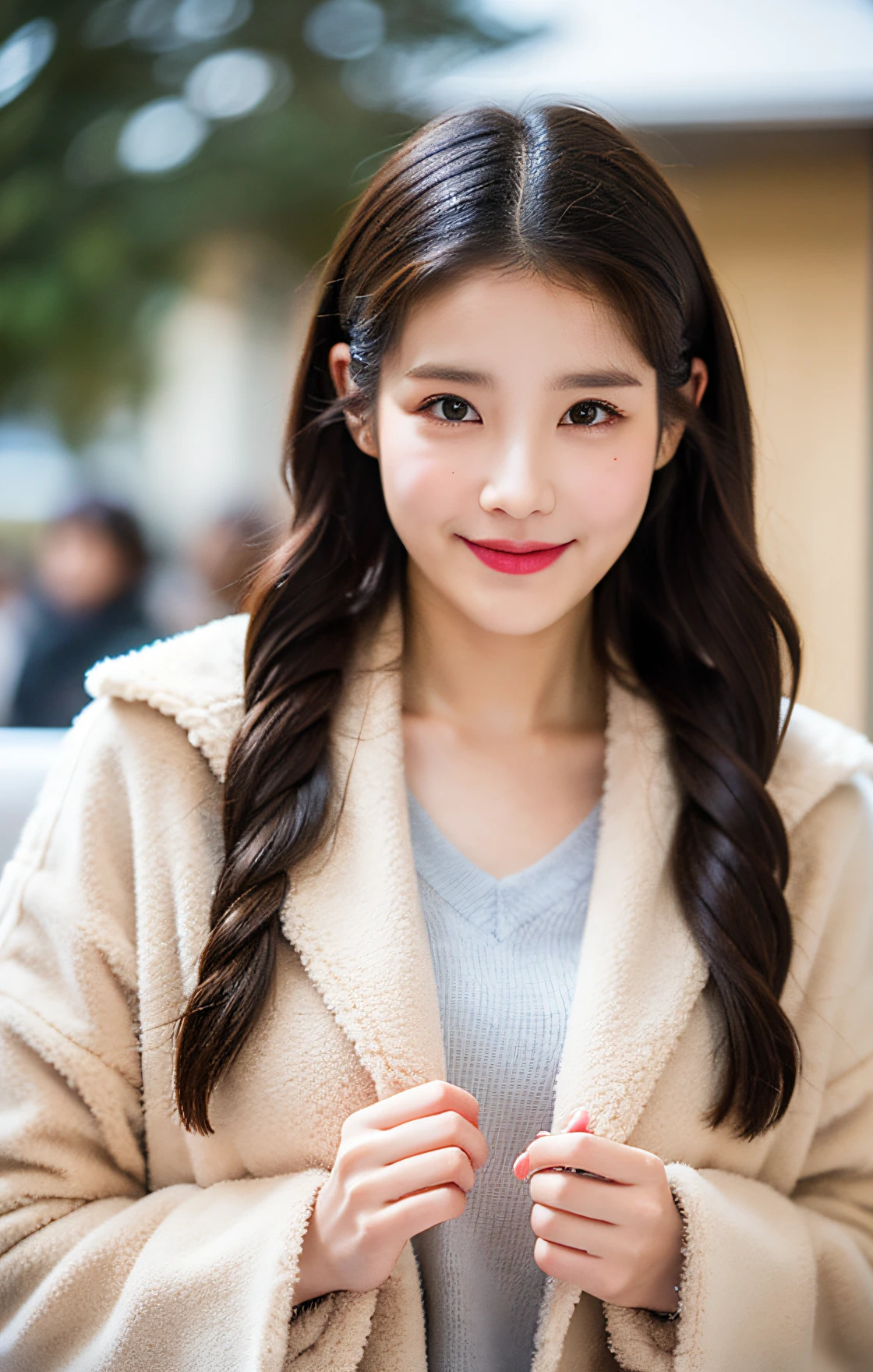 nikon RAW photo,8 k'',FUJI XT3,masterpaintings,Best Quority,1girl huge large breasts,独奏,realisticlying,realisticlying,hyper detailled,
Long straight black hair on a low braid,browneyes,slimfigure,IU1,looking into camera,slight grin,(((the front view)))
winter season(a color)The clothes ar,Fluffy faux-fur jacket,Oversized scarf to hide the neck,Snowflakes fall
Stand in the middle of a snow-capped village