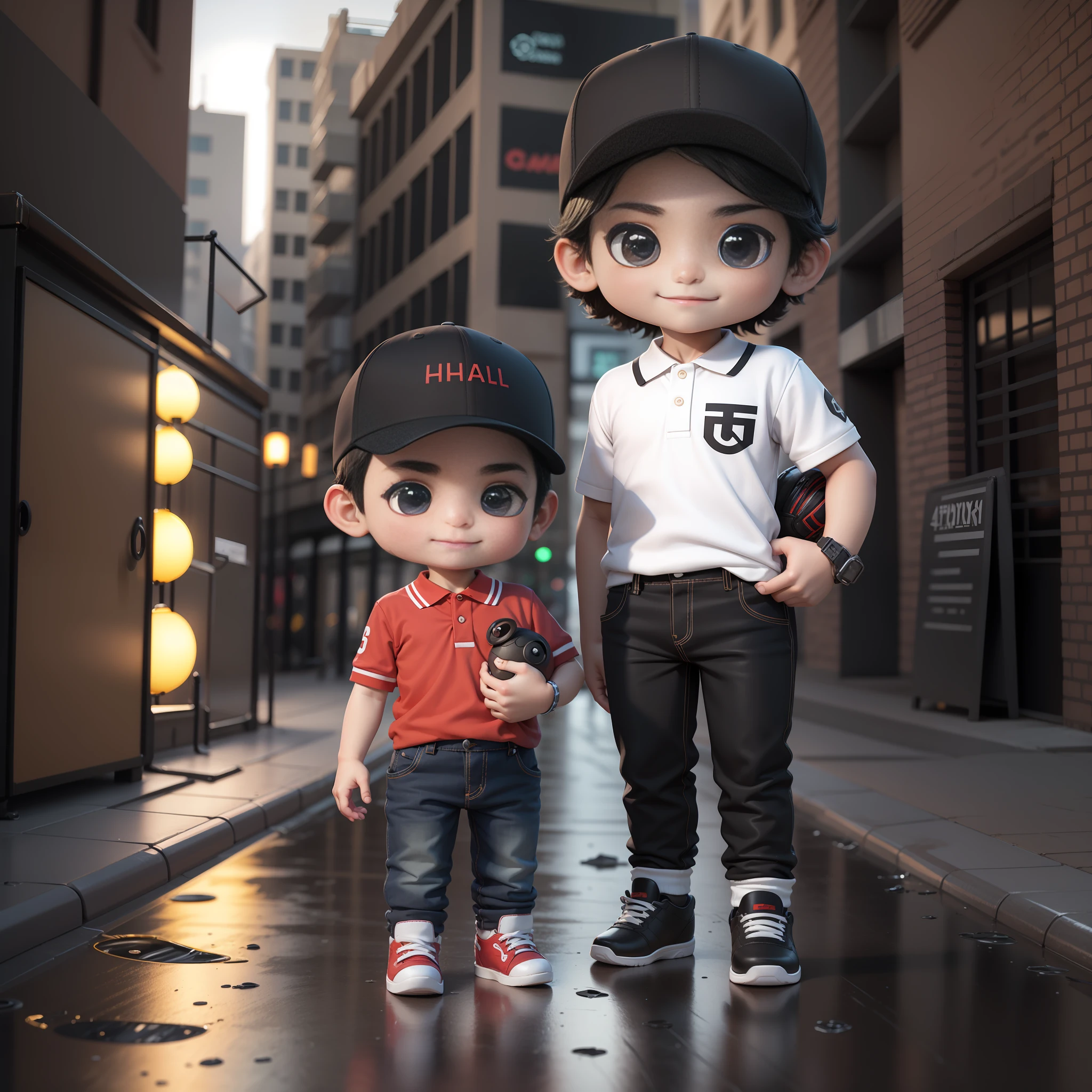 ((masterpiece, best quality)),(complex lighting),,solo, smile, black eyes, black hair, 3d toy, 3d rendering, ip, cyberpunk style, chibi, cute  boy, chibi style, 4 year oe background, full body, male focus, shoes, pants, polo, baseball cap, street