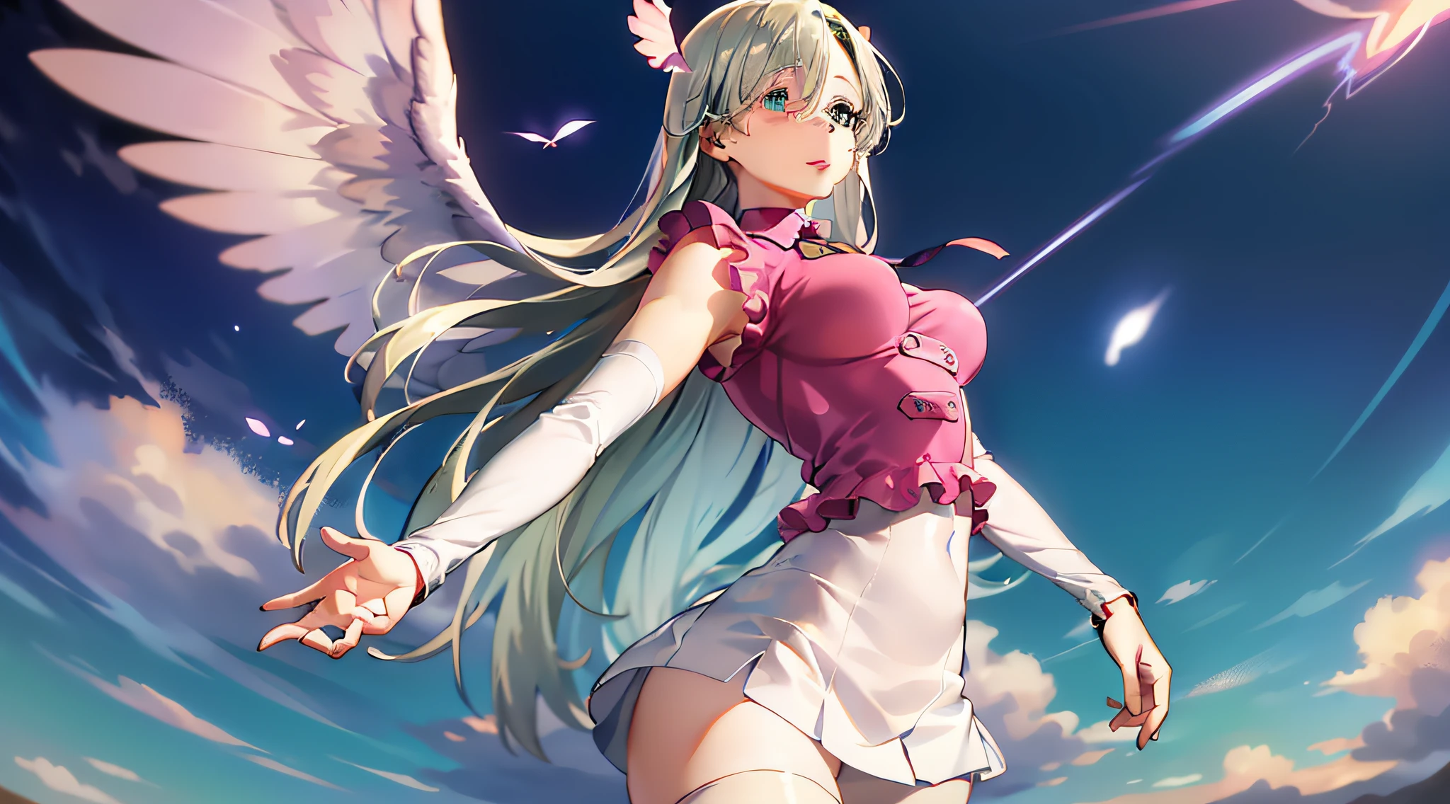 ((Masterpiece)), 1girl, flying through the sky, white leotard, white pleated skirt, pink tight gloves, ruffled stockings, beautiful wings, perfect body, sexy body, petite, super beautiful, panorama, side view, looking away, ((beautiful eyes)), highly detailed, best quality, masterpiece, absurderes, cinematic lightning