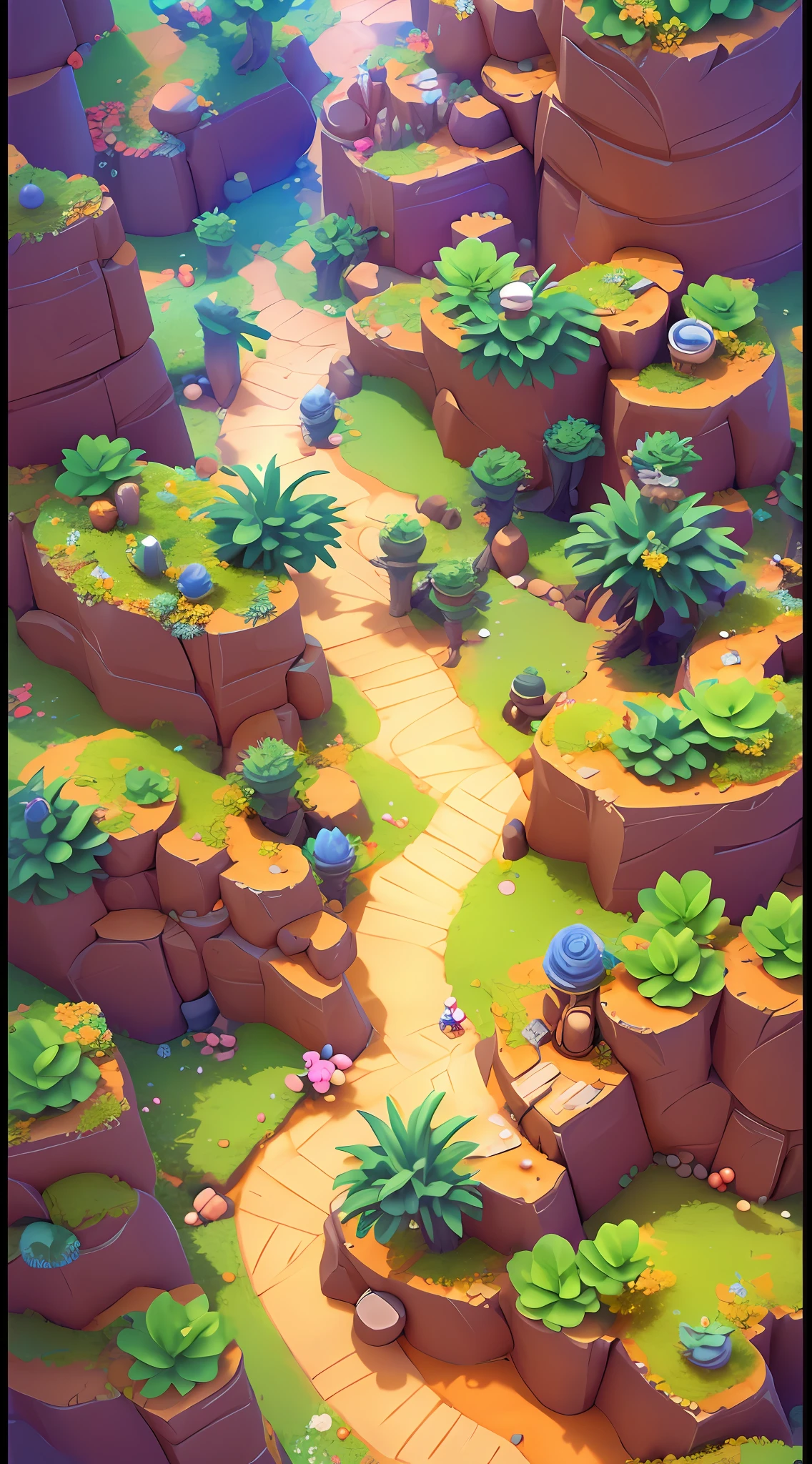 Game map design，cartoonish style，Desert theme、angle of depression，In the middle is a smooth path，gameicon，A desert，Rochas，cacti，masterpaintings，Epic composition，Best Quority，ultra-high-resolution，3Drender，8K