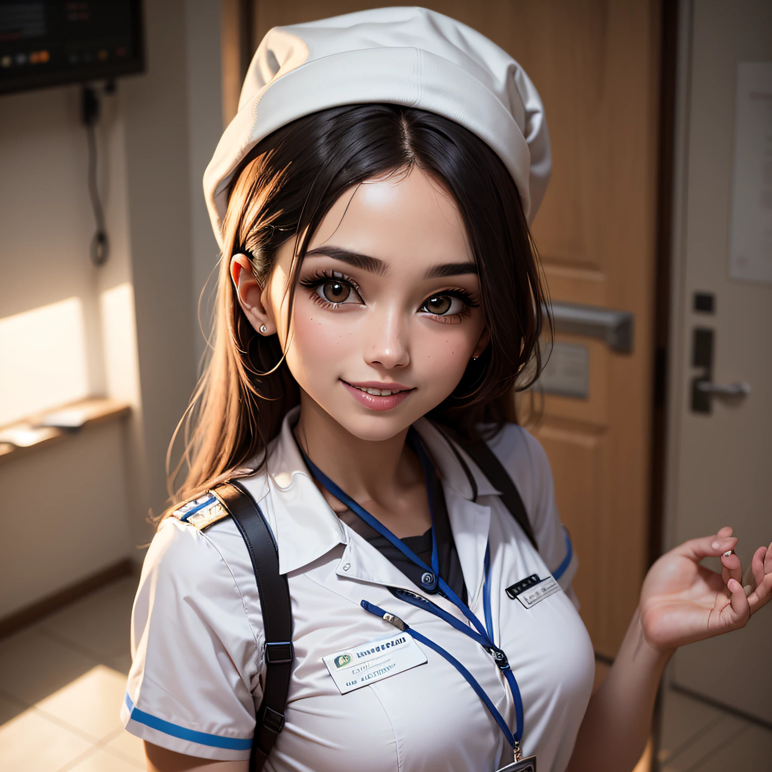 Uma imagem de uma mulher sedutora vestida como uma enfermeira sedutora, irradiando beleza e intriga em um ambiente hospitalar. Ela veste um uniforme de enfermeira justo com um toque de sensualidade, complementado por um sorriso maroto. The image captures the fascination and care that nurses provide in their profession.