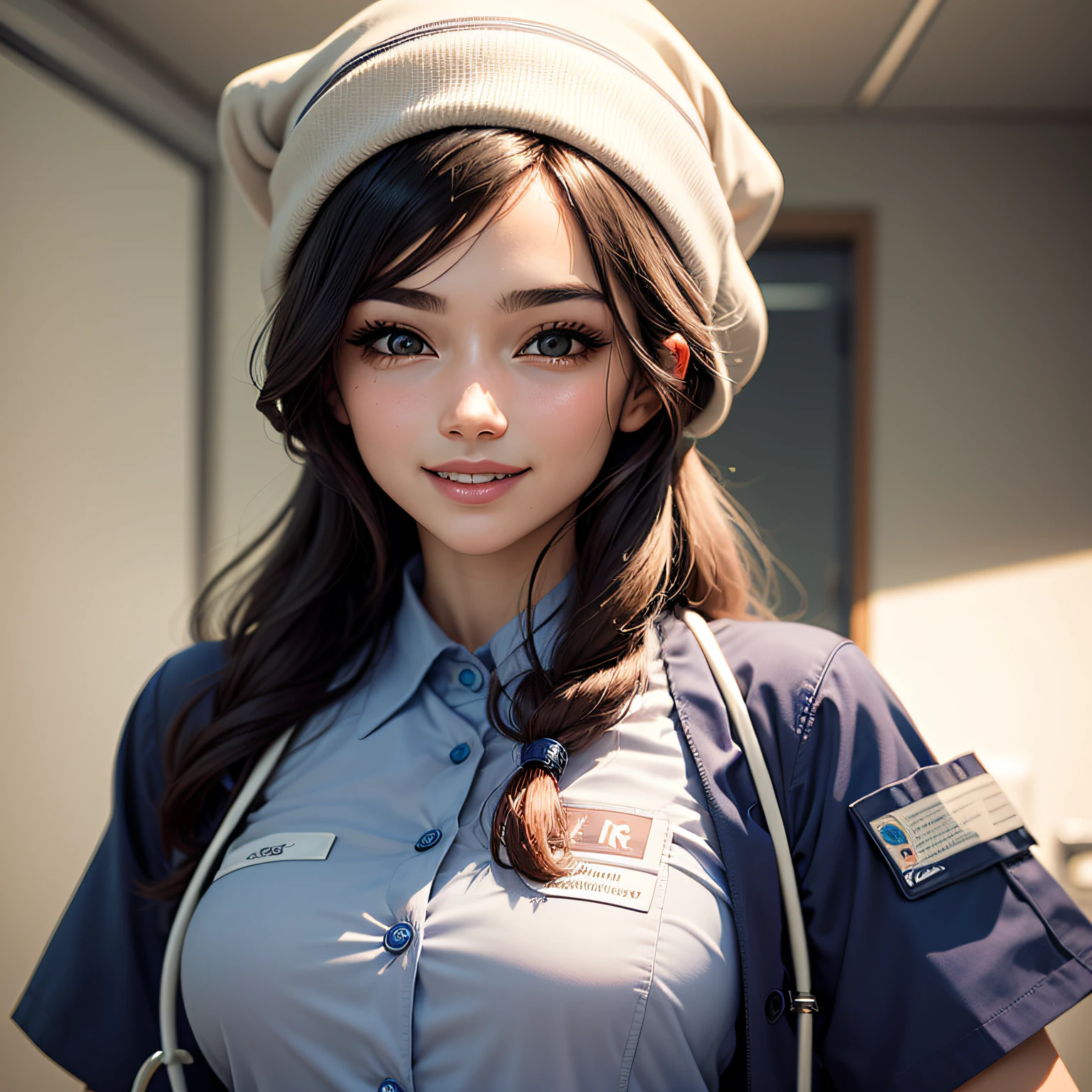 Uma imagem de uma mulher sedutora vestida como uma enfermeira sedutora, irradiando beleza e intriga em um ambiente hospitalar. Ela veste um uniforme de enfermeira justo com um toque de sensualidade, complementado por um sorriso maroto. The image captures the fascination and care that nurses provide in their profession.