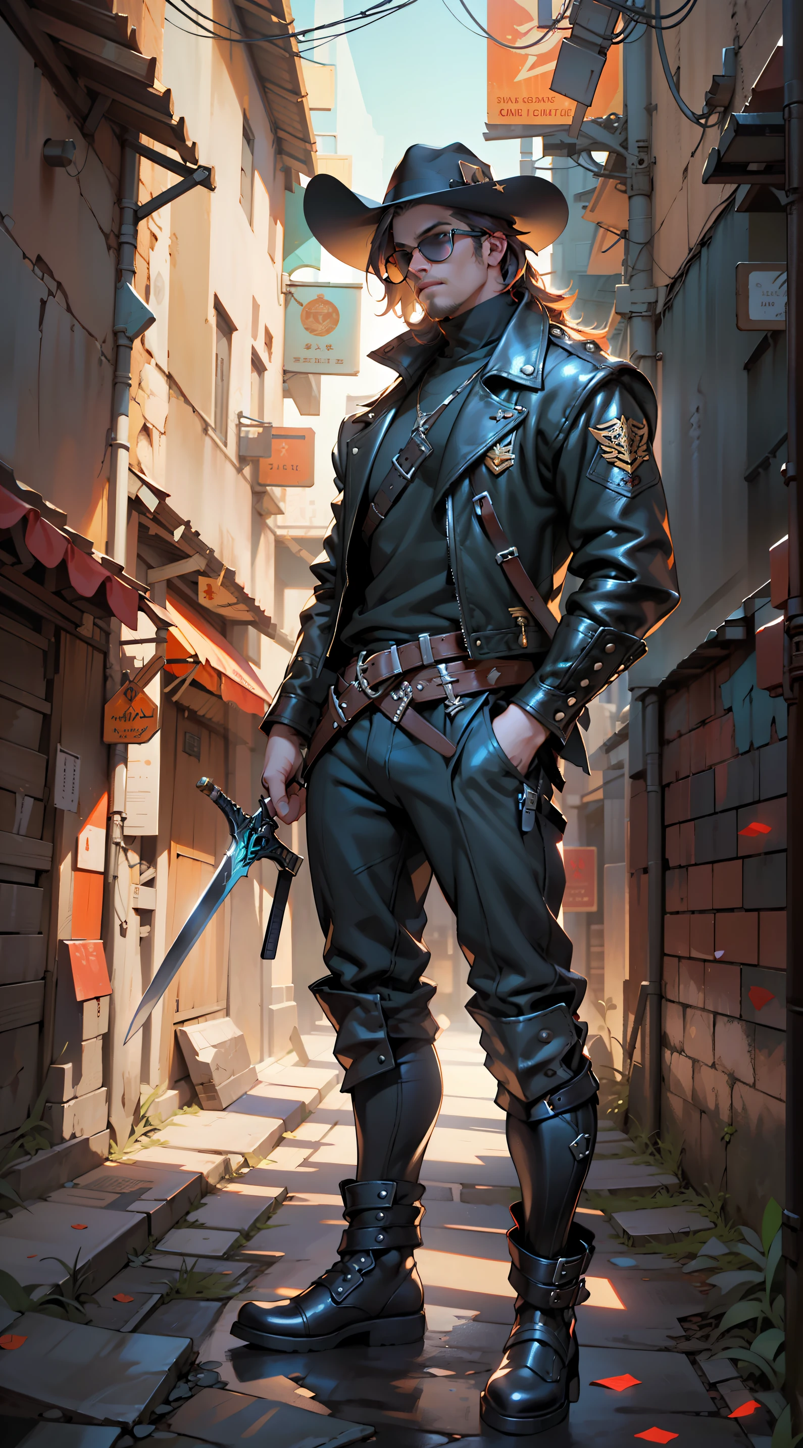 musketeer,ultra detailed, masterpiece, illustration, Theatrical musketeer boy with movie lighting standing in dark alley wearing black leather jacket, mask, sunglasses, cavalier hat and sword, Mysterious flair, Cinematic atmosphere, Trending on ArtStation, Rendered by Greg Rutkowski and Craig Mullins