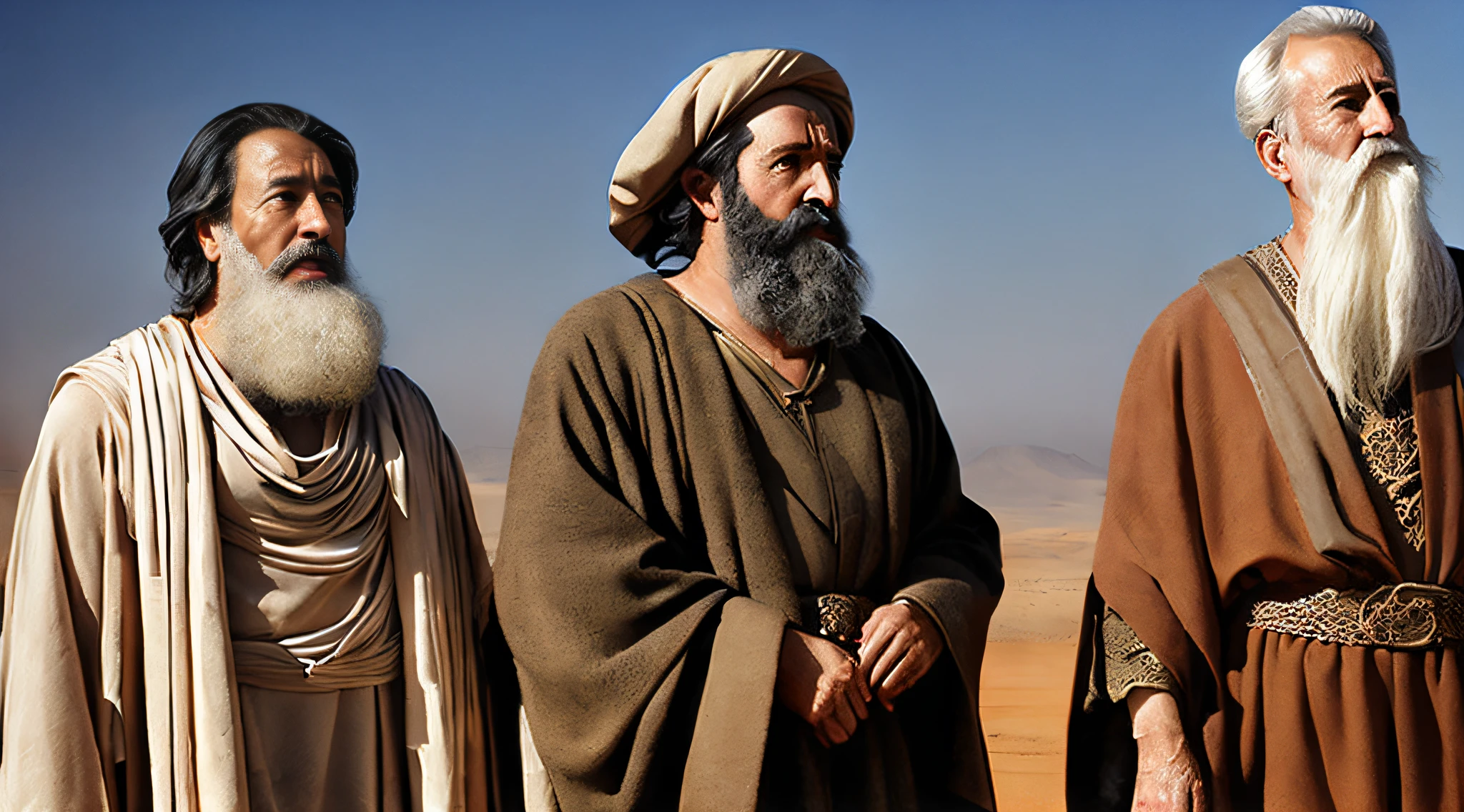 Biblical times、(((Three middle-aged men)))、is standing、((1st century))、((Ancient Israel))、Wasteland、body complet、Talking、