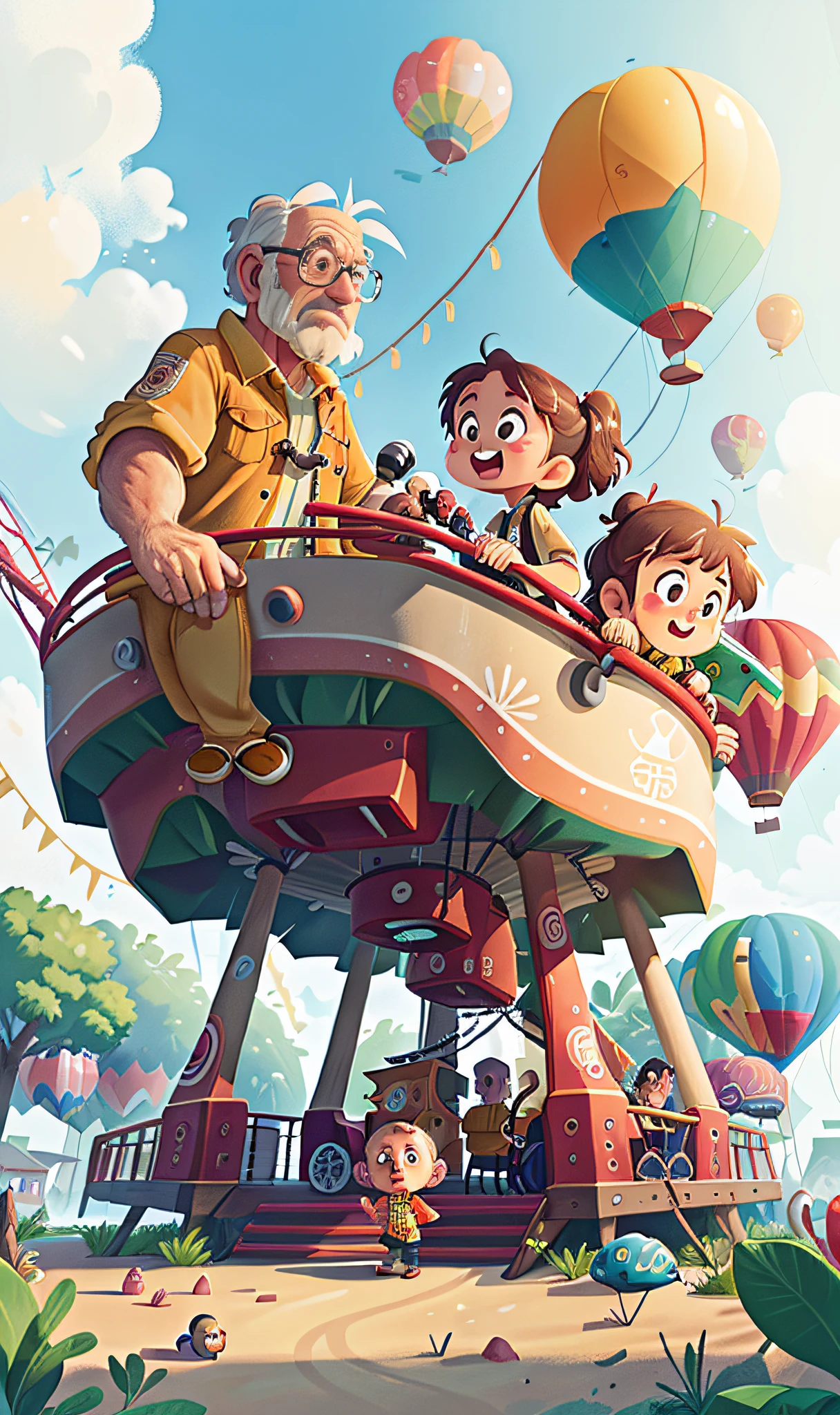 he Ferris wheel,rollercoaster, merry-go-round,3 tents,5 motorhomes,An old man directs on the largest balloon,Lots of air balloons,uav,playground,beachside,Greenery,Robots walk around,Have fun,The weather was sunny。