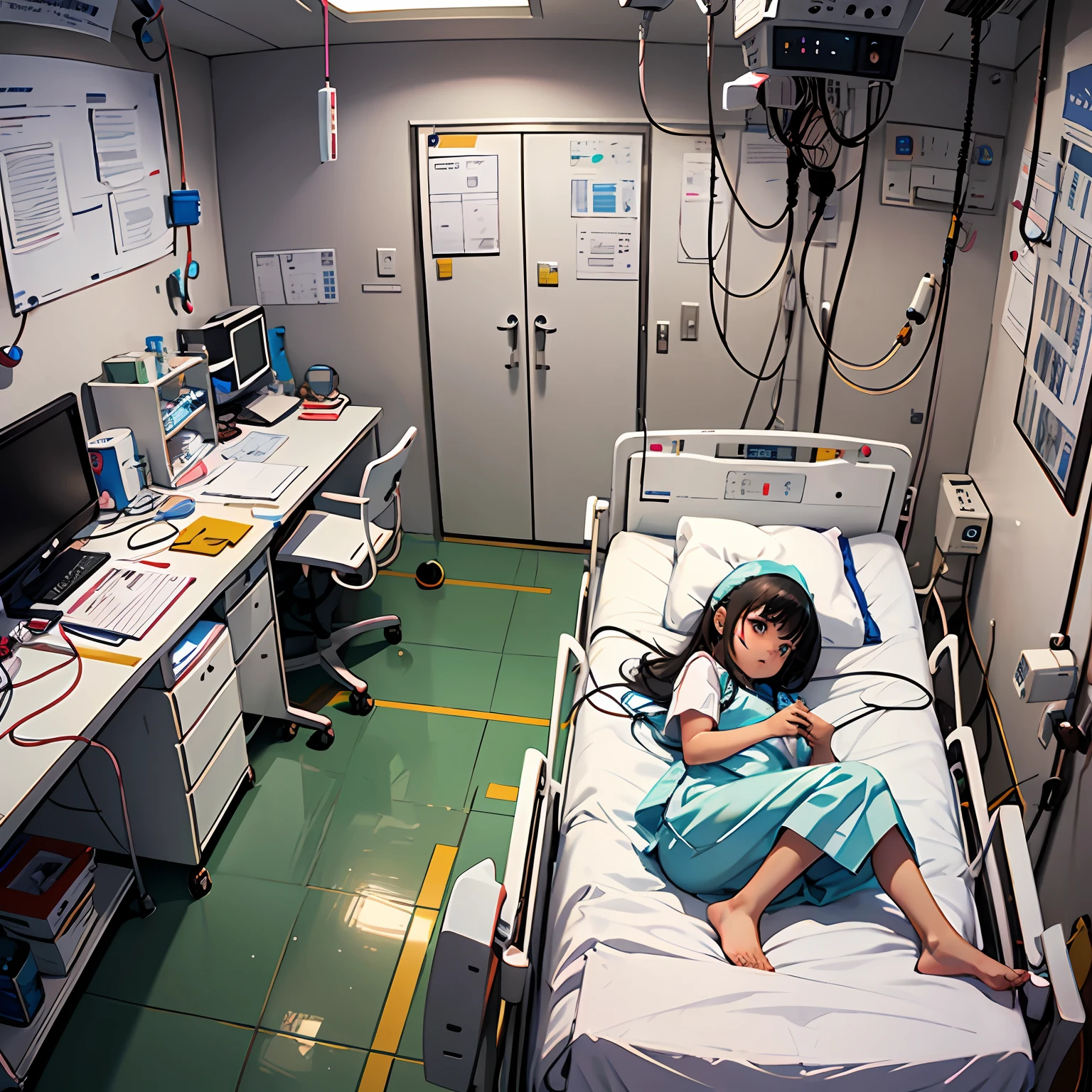 State-of-the-art operating room,A little girl,Lying in a hospital bed,Many nurses,Many doctors