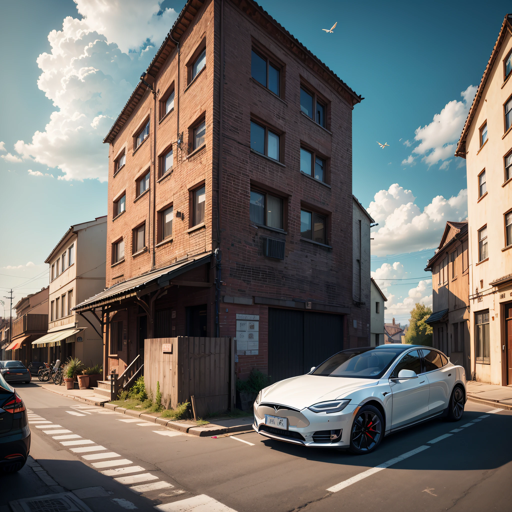 (RAW photos:1.2),(realisticlying:1.4),(masterpaintings:1.3),(Best Quority:1.4),ultra-high-resolution,hdr,8K分辨率,tesla car,City,the street,Backlit behind,The blue sky and white clouds,Birds singing atmosphere, --auto
