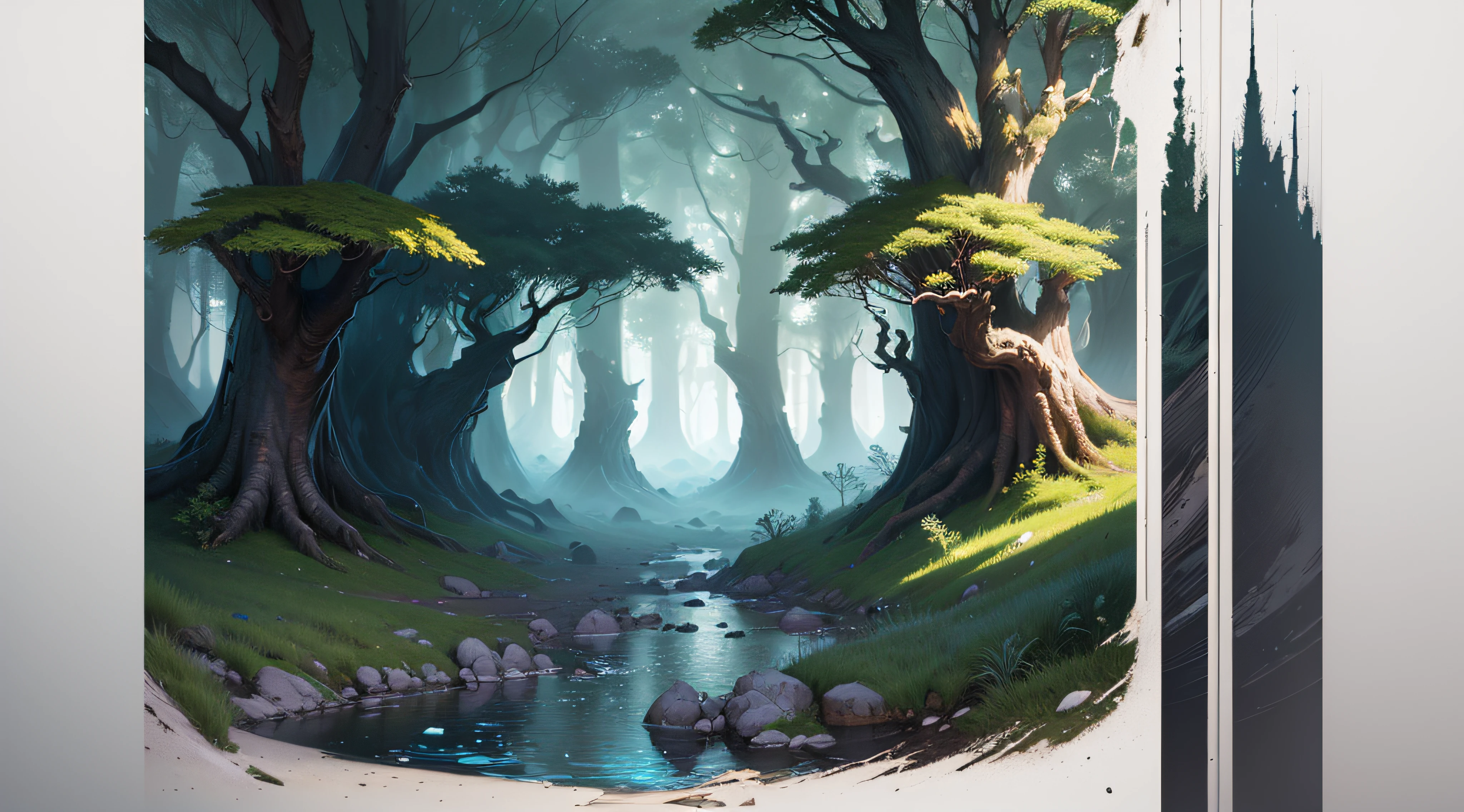 (An magical forest with a stream and tall watrerfall.:1.1), unreal engine, cinematic lighting, Conceptual art, chiaroscuro, depth of field, UHD, ((super detail, high quality, best quality, accurate, 16k)),1772Pixel-1280Pixel, Natural scenery, outside, HDR, ornate, high detail, intricate details, hyperdetailed:1.15, detailed background, Water and ink, (style of (Greg Rutkowski:1.0) and (Darek Zabrocki:0.8) and (Andreas Rocha:0.8):1.2), a detailed matte painting