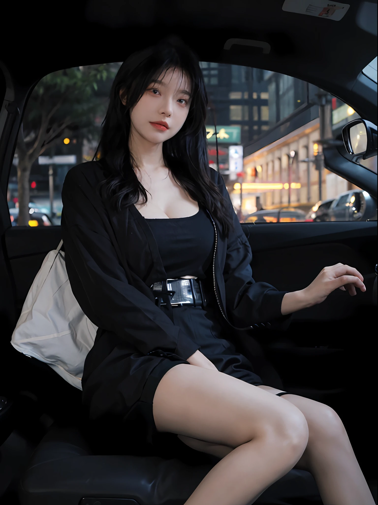 Best Quority,masterpaintings,ultra-high-resolution,(extremely lifelike:1.4),1girl huge large breasts,Sexy cleavage,(Open black coat),(比基尼),(Black shorts),nights, Glowing skin,detailed eye, 双眼皮,length hair,fair white skin,Sitting charmingly in front of Maserati's car, Long thin legs