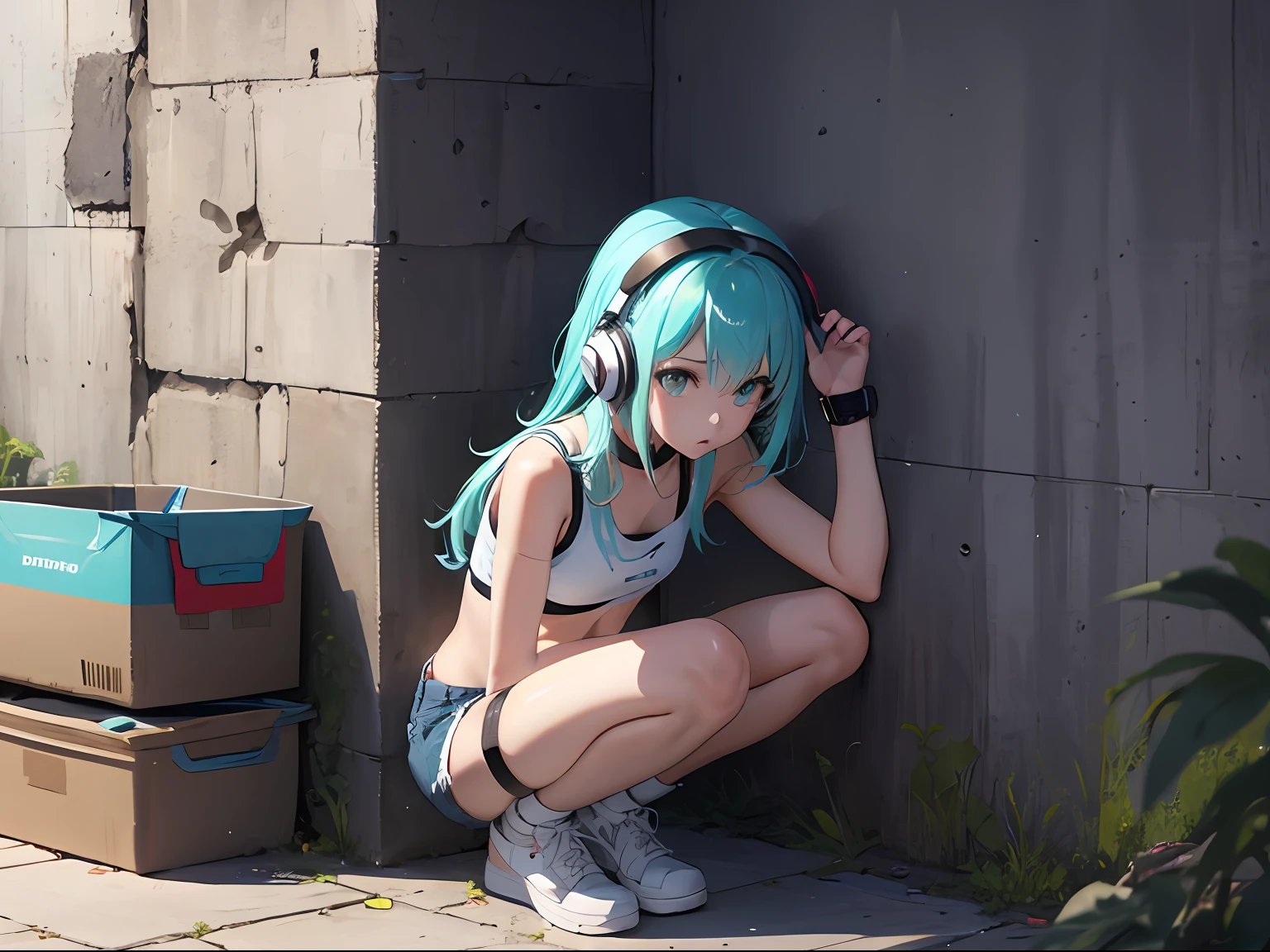 巨作, 最好质量, 1girl in, 独奏, croptop, Denim shorts, chokers, (doodletits:1.5),  Hitting a wall, watch audience, Armbands, thigh strap, tilt of the head, tedium, O cabelo multicolorido, Aqua Eye, headset on head,((squatting down))、