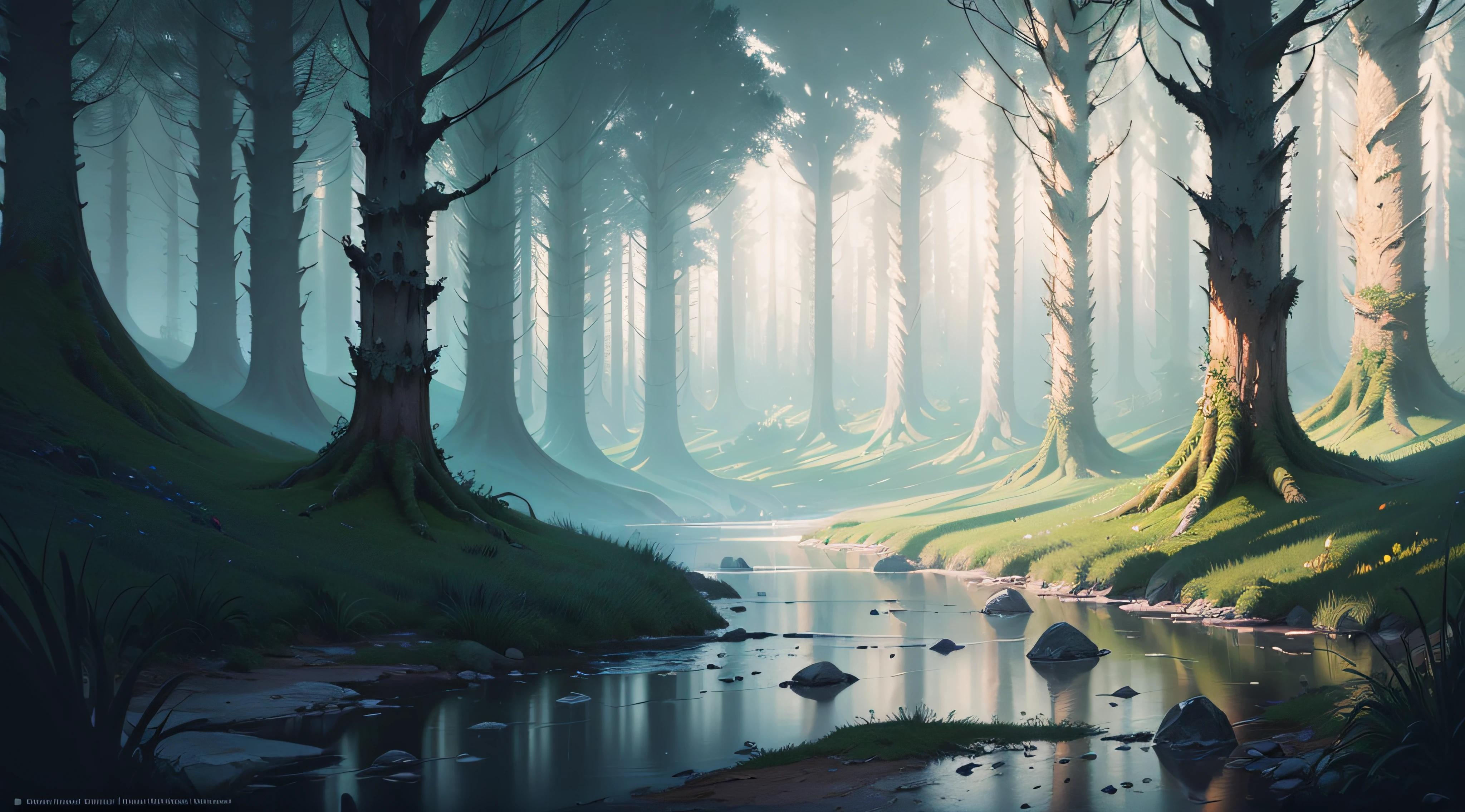 (An magical forest with a stream and tall watrerfall.:1.1), unreal engine, cinematic lighting, Conceptual art, chiaroscuro, depth of field, UHD, ((super detail, high quality, best quality, accurate, 16k)),1772Pixel-1280Pixel, Natural scenery, outside, HDR, ornate, high detail, intricate details, hyperdetailed:1.15, detailed background, Water and ink, (style of (Greg Rutkowski:1.0) and (Darek Zabrocki:0.8) and (Andreas Rocha:0.8):1.2), a detailed matte painting
