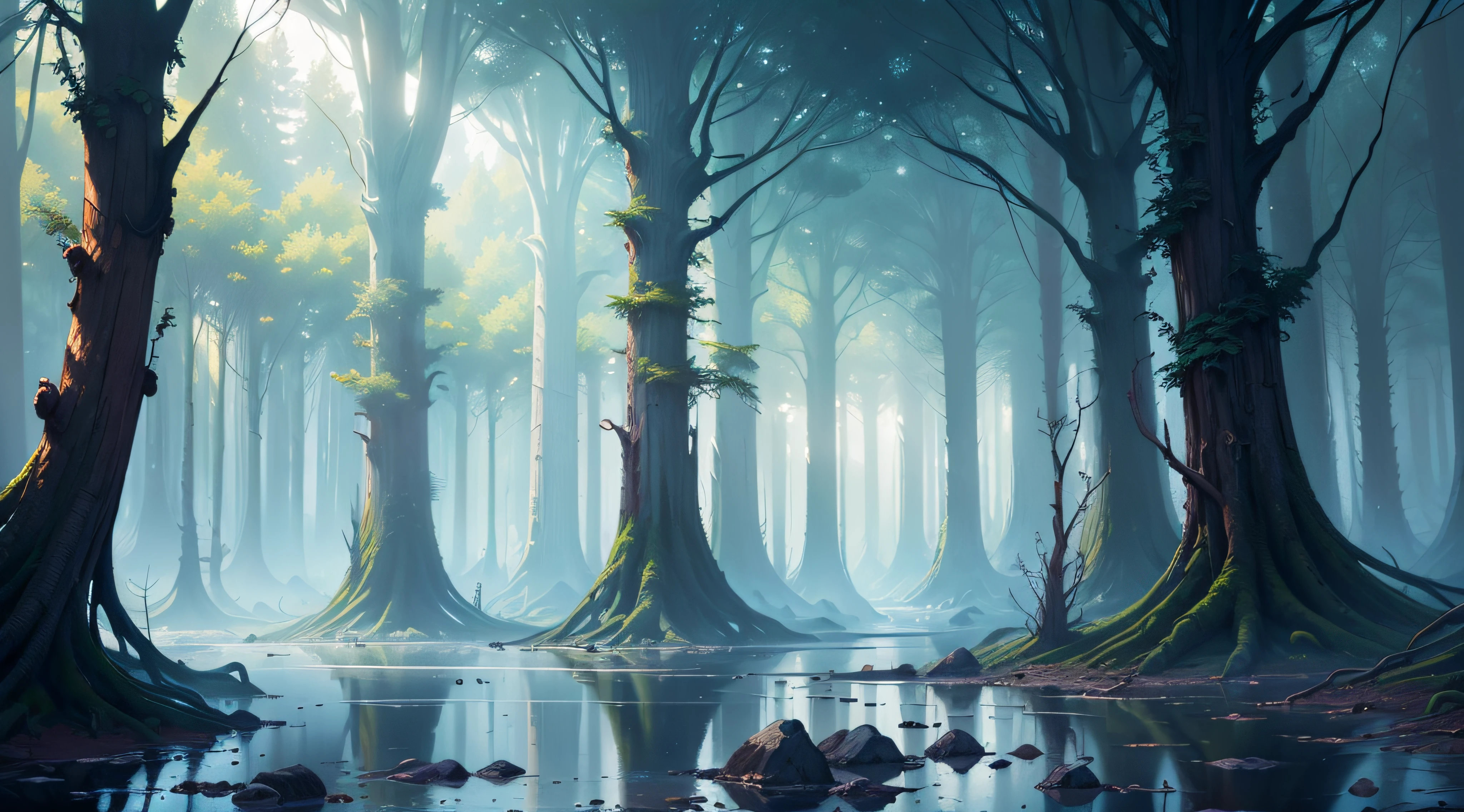 (An magical forest with a stream and tall watrerfall.:1.1), unreal engine, cinematic lighting, Conceptual art, chiaroscuro, depth of field, UHD, ((super detail, high quality, best quality, accurate, 16k)),1772Pixel-1280Pixel, Natural scenery, outside, HDR, ornate, high detail, intricate details, hyperdetailed:1.15, detailed background, Water and ink, (style of (Greg Rutkowski:1.0) and (Darek Zabrocki:0.8) and (Andreas Rocha:0.8):1.2), a detailed matte painting
