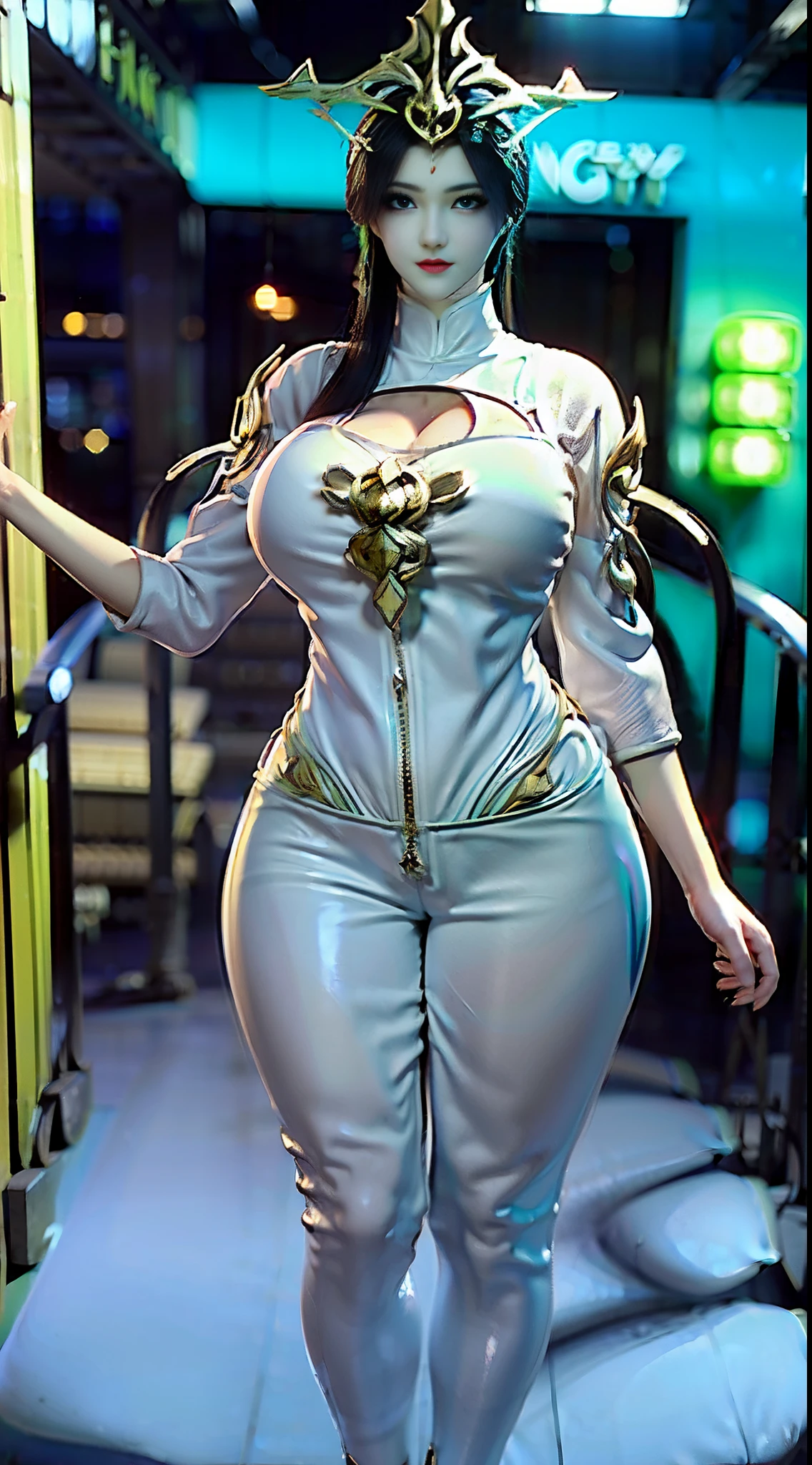 Unreal Engine 5 Realistic Rendering, Excellent, (Blue Jacket), (Yoga Pants), ((Big Blue Eyes, Long Eyelashes)), milf, looking on viewer, Final fantasy, cosplayer, walking down hallway of hideaway, beautiful face, makeup, (photorealism:1.2), ultrarealistic uhd face, (huge fake boobs:1.4), (gigantic breasts:1.1) nipple slip, (muscle abs), (wide hips), (thick thighs), slim waist, hourglass figure, voluptuous, ((shiny skin)), ((she is sexy)), photorealistic, bokeh, masterpiece, highres, 1080P, UHD.