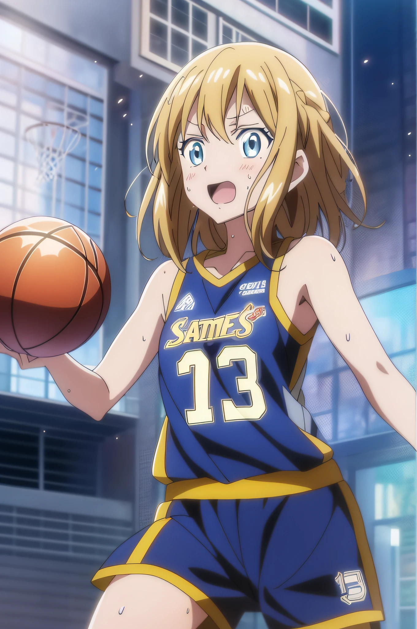 (best quality,anime,anime art style:1.2), anime screen cap,young girl, , sweat,playing the basketball,Intense angle,speedy movement,looking away,fun, sleeveless,caustics