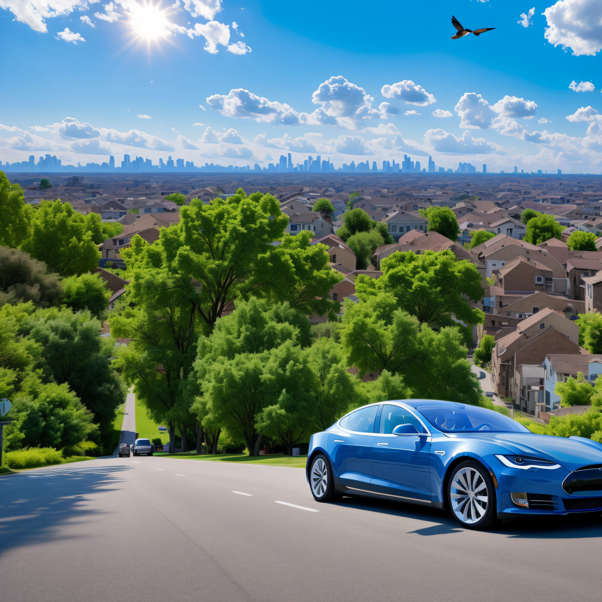 （RAW photos：1.2），（realisticlying：1.4），（masterpaintings：1.3），（Best Quority：1.4），ultra-high-resolution，HDR，8K分辨率，tesla car，Side-to-top view，City，the street，Backlit behind，The blue sky and white clouds，Birds singing atmosphere， --auto