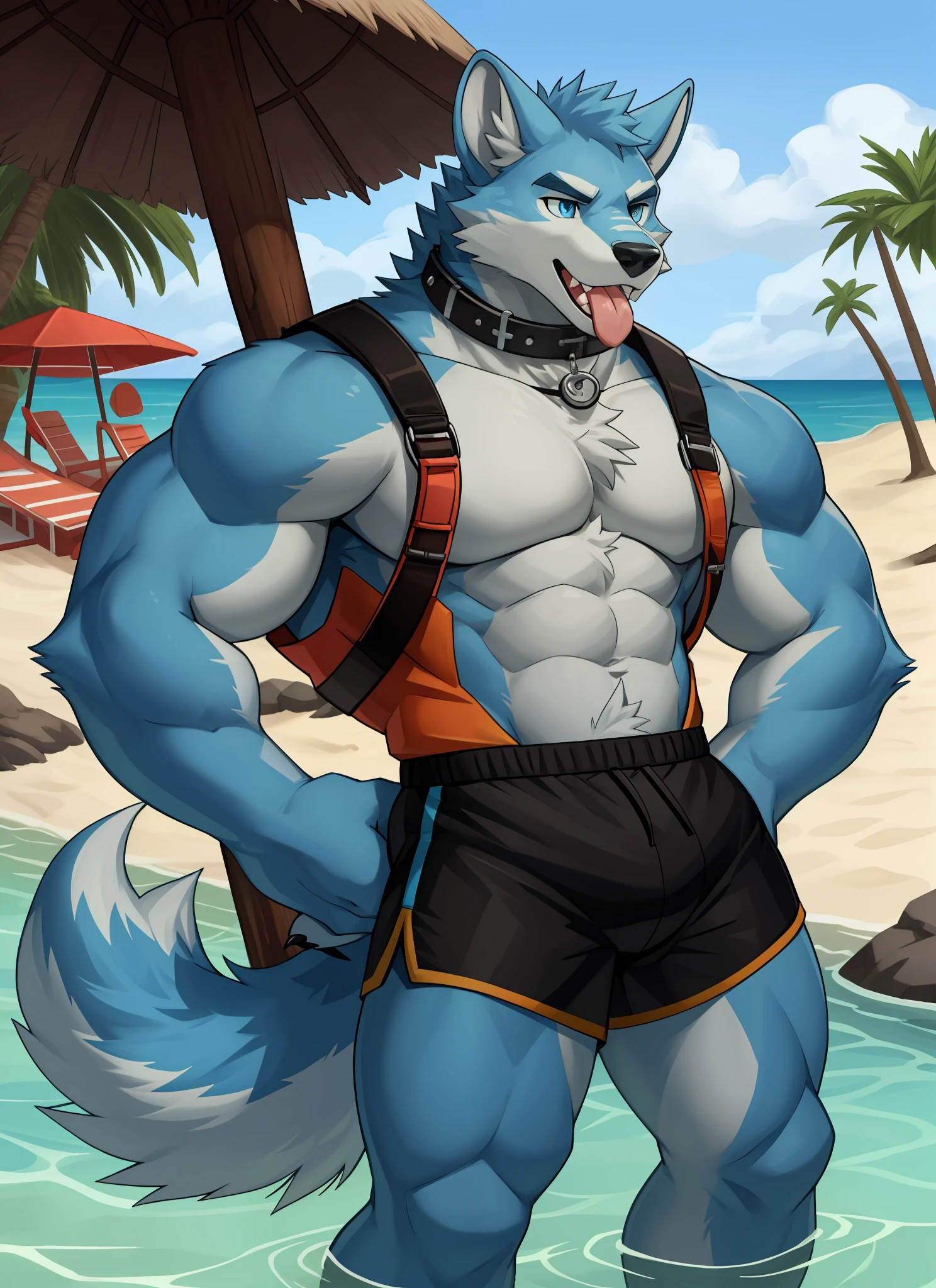 独奏，1boys， Male focus， very muscular， chest muscle， mucular male， Briefs， Sharp nails，sandbeach， Long hairs， Blue fur，Thick legs，独奏，solo person，swimshorts，There's only one person！Stick out your tongue，Cross your hands at the waist，Blue pupil，White lining，eye closeup，Barefoot，life jacket，body complet，Collar