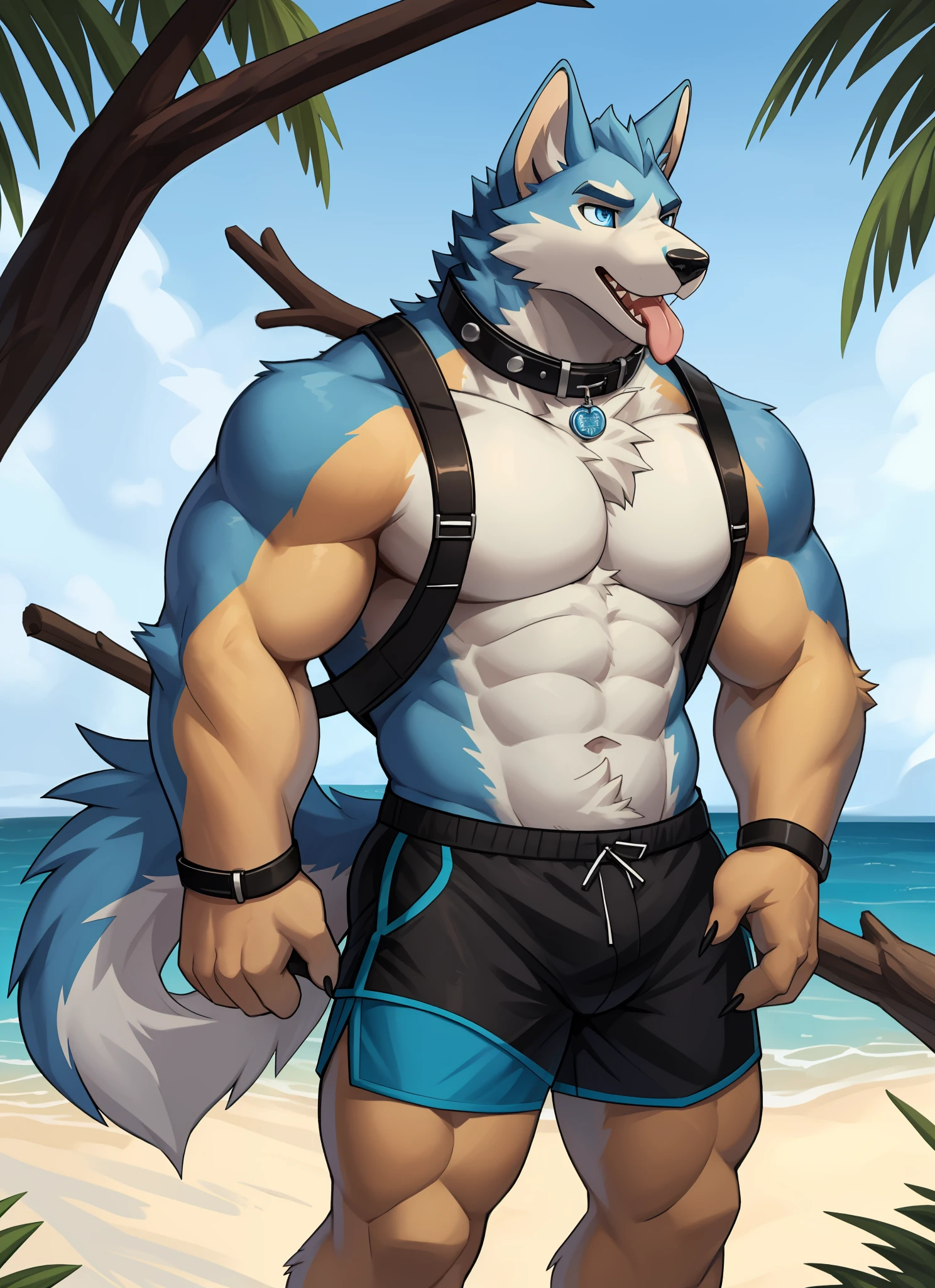 独奏，1boys， Male focus， very muscular， chest muscle， mucular male， Briefs， Sharp nails，sandbeach， Long hairs， Blue fur，Thick legs，独奏，solo person，swimshorts，There's only one person！Stick out your tongue，Cross your hands at the waist，Blue pupil，White lining，eye closeup，Barefoot，life jacket，body complet，Collar