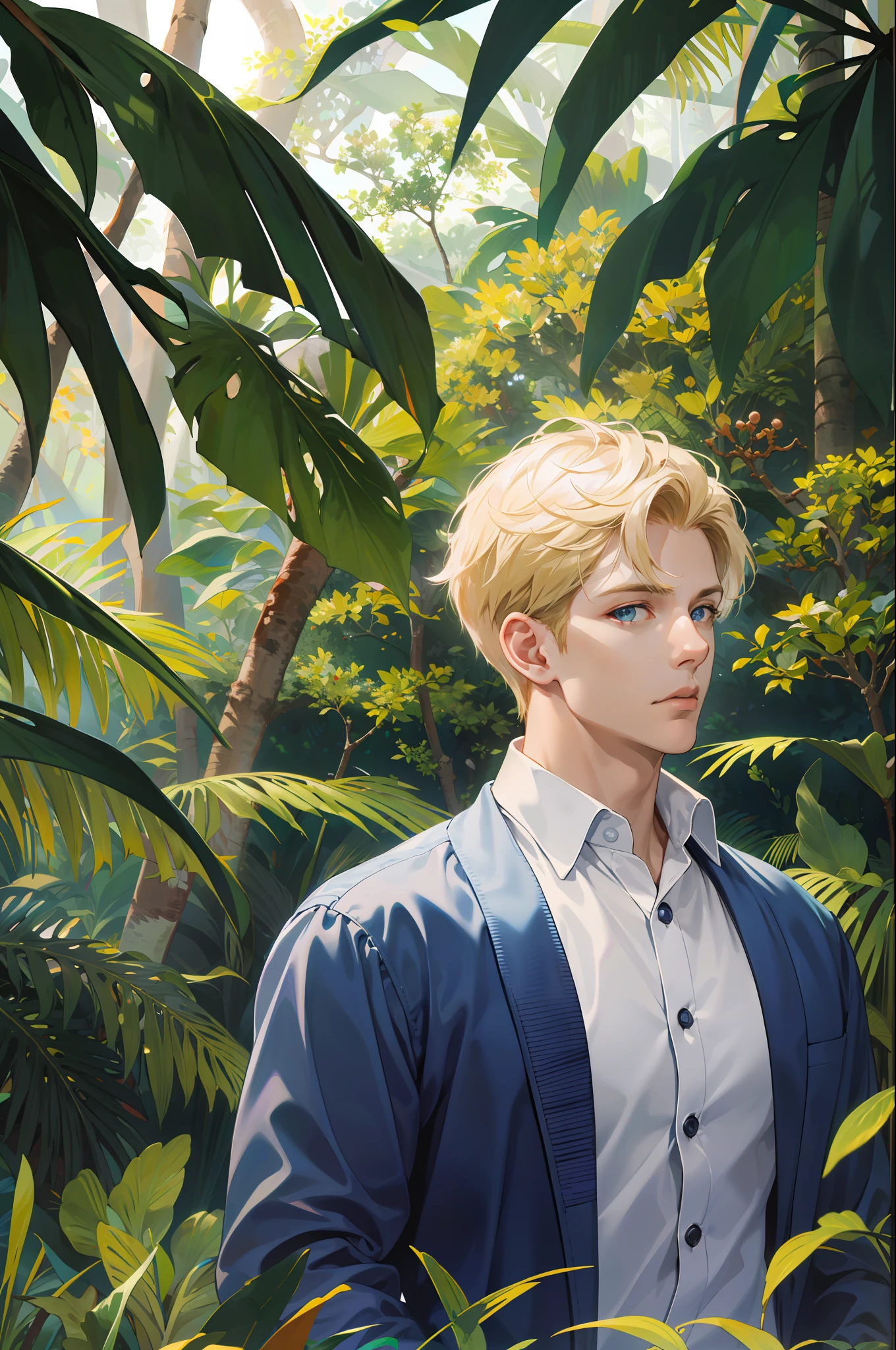 (absurdres, highres, ultra detailed), 1 male, solo, adult, (mature:1.4, aged up:1.4), tall muscular guy, broad shoulders, handsome, angular jaw, thick neck, BREAK, looking at viewer, short blonde hair, blue eyes, long sleeves, forest, trees full of greenery, fluttering leaves, natural light and shadow, Jungle exploration, lots of plants, depth of field, upper body, frontal,