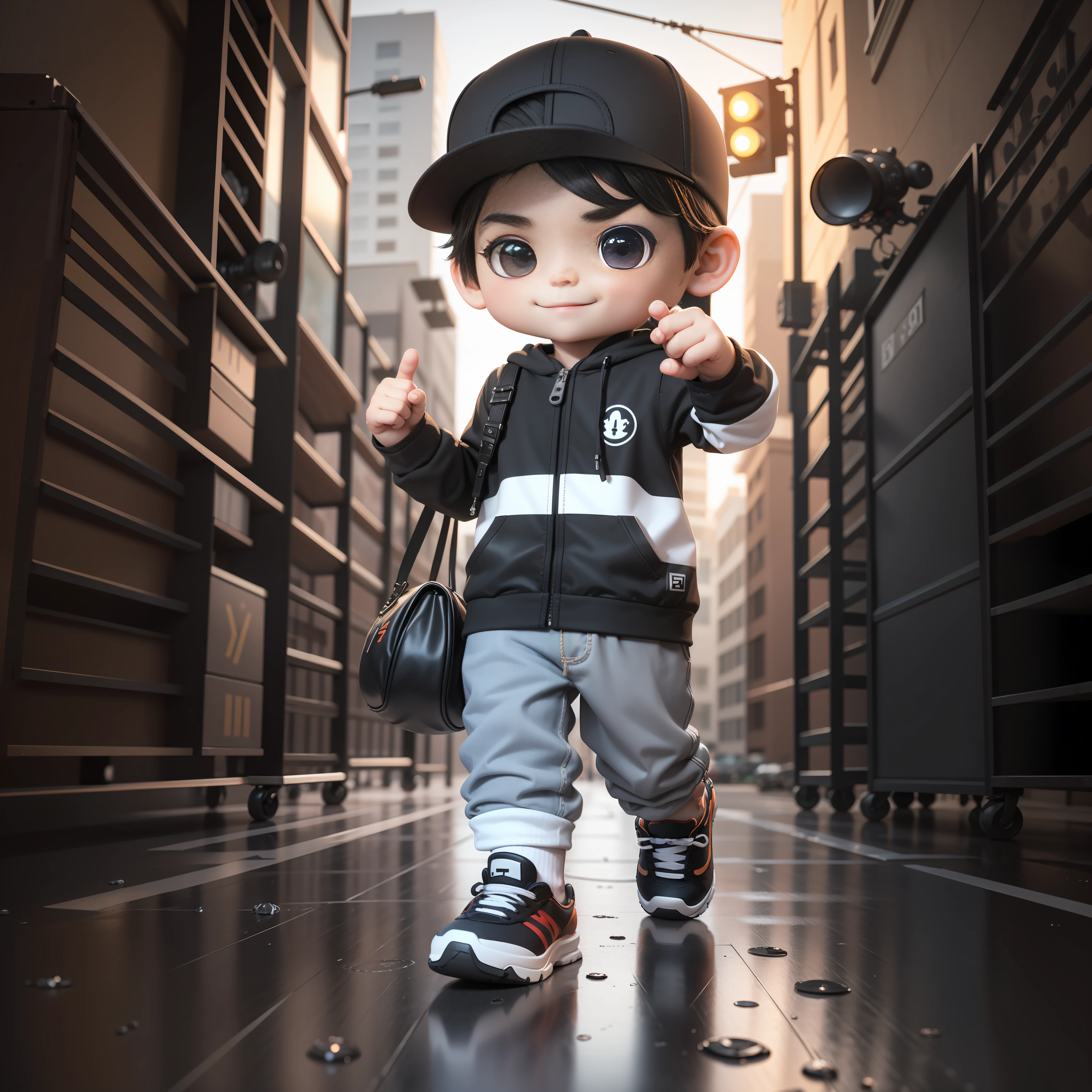 ((masterpiece, best quality)),(complex lighting),,solo, smile, black eyes, black hair, 3d toy, 3d rendering, ip, cyberpunk style, chibi, cute  boy, chibi style, 4 year oe background, full body, male focus, shoes, pants, polo, baseball cap, street