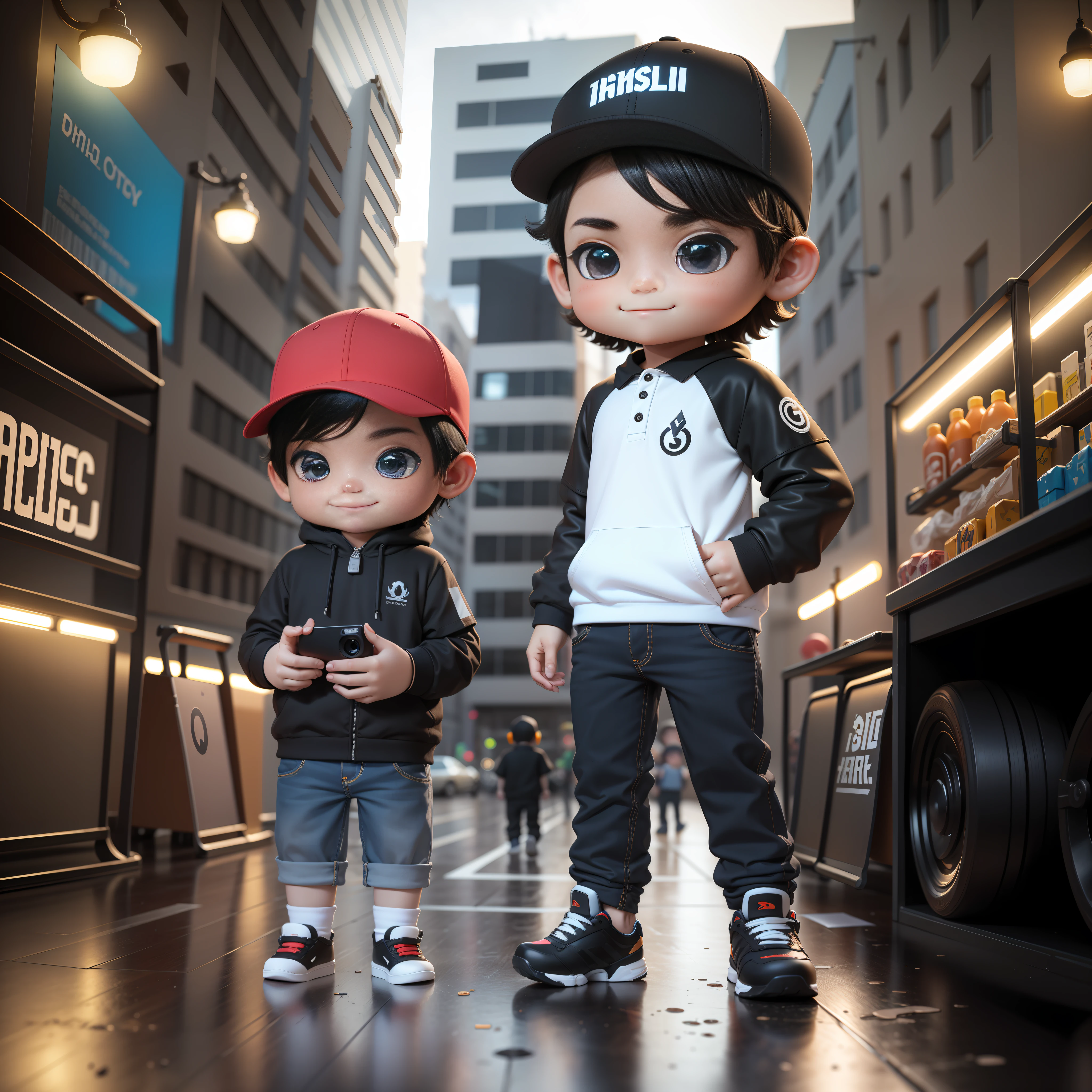 ((masterpiece, best quality)),(complex lighting),,solo, smile, black eyes, black hair, 3d toy, 3d rendering, ip, cyberpunk style, chibi, cute little boy, chibi style, 4 year old, white background, full body, male focus, shoes, pants, polo, baseball cap, street