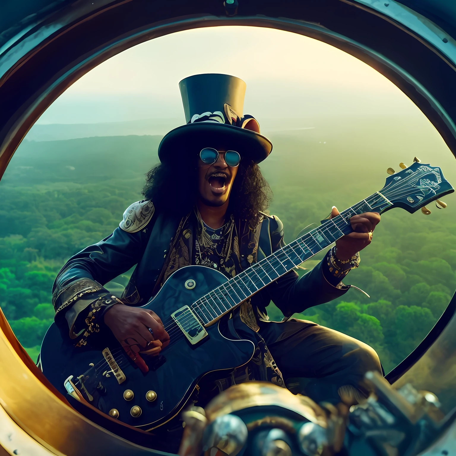 arafed man with a hat and sunglasses playing a guitar, slash page, archwizzard in a hat, bootsy collins, he is a rockstar, badass composition, music, he is wearing a top hat, album, rocking out, playing a gibson les paul guitar, sf, 🌻🎹🎼, african steampunk alchemist, by Wayne England
