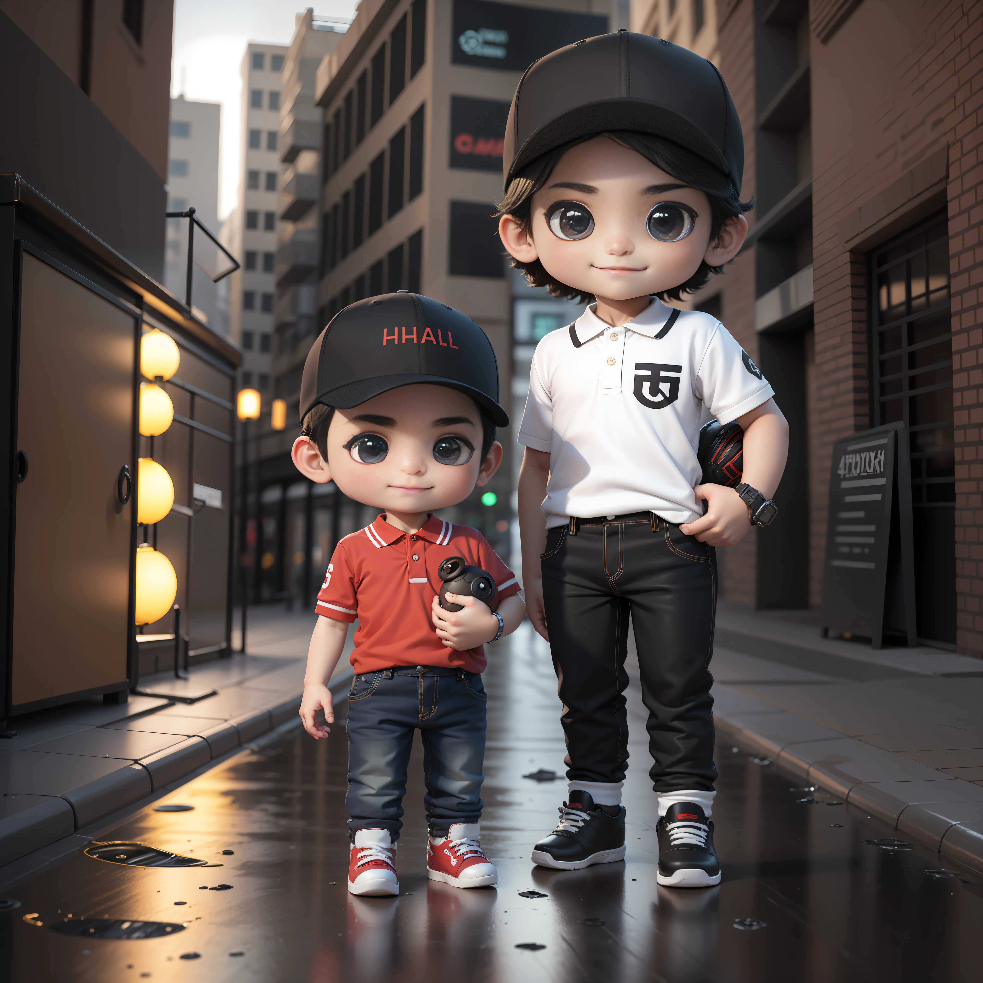 ((masterpiece, best quality)),(complex lighting),,solo, smile, black eyes, black hair, 3d toy, 3d rendering, ip, cyberpunk style, chibi, cute little boy, chibi style, 4 year old, white background, full body, male focus, shoes, pants, polo, baseball cap, street