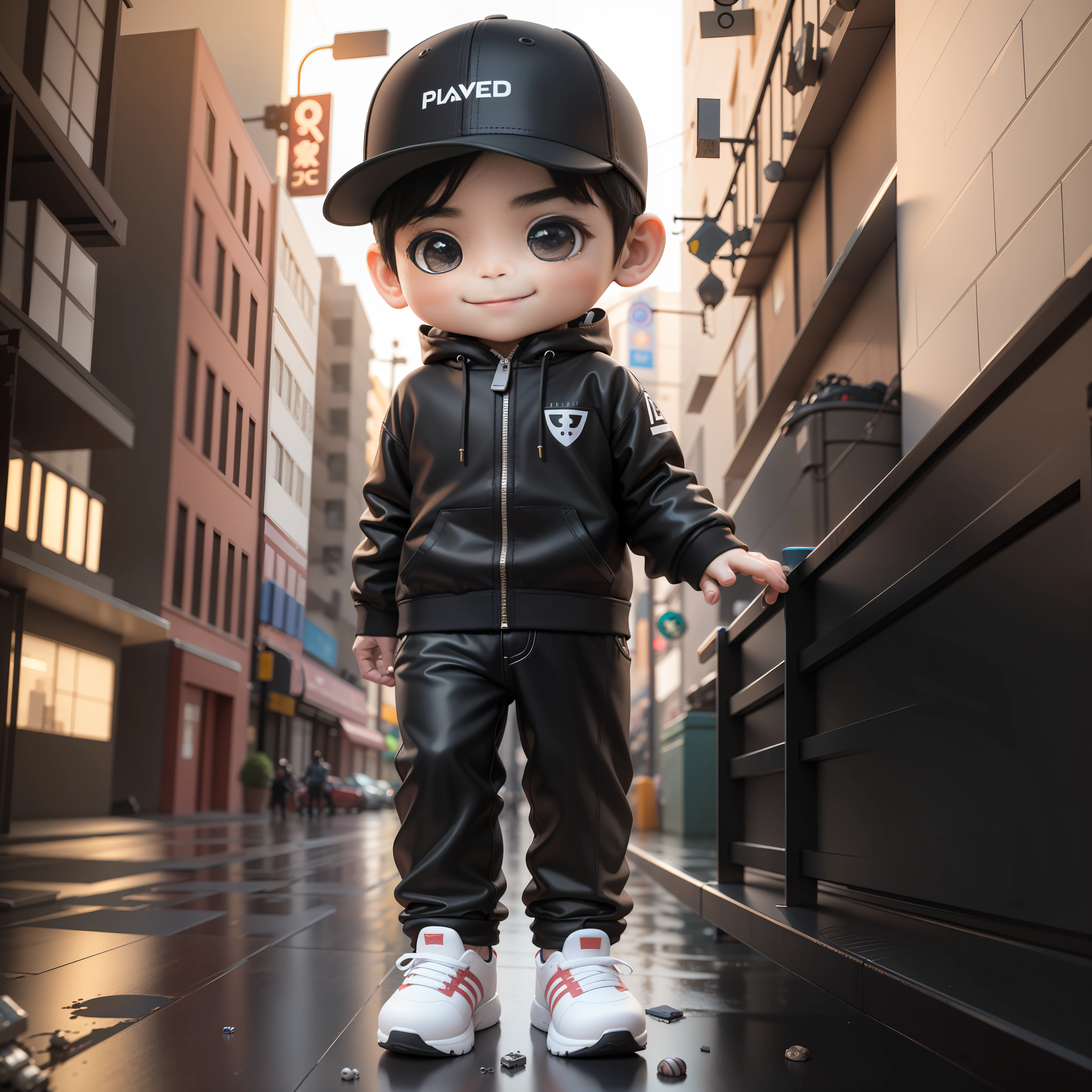 ((masterpiece, best quality)),(complex lighting),,solo, smile, black eyes, black hair, 3d toy, 3d rendering, ip, cyberpunk style, chibi, cute  boy, chibi style, 4 year oe background, full body, male focus, shoes, pants, polo, baseball cap, street