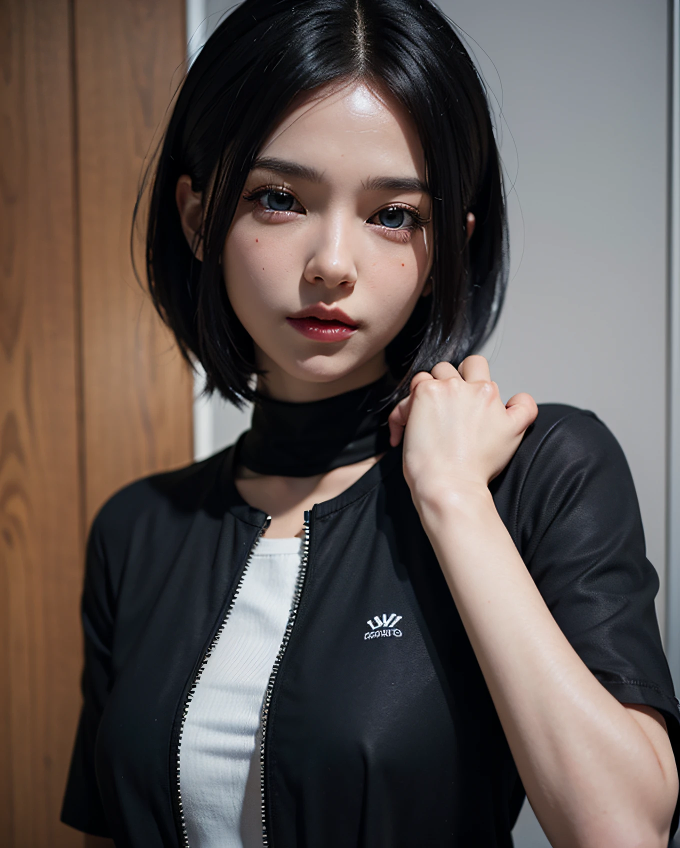 there is a woman with a black shirt and blue eyes, realistic anime 3 d style, anime styled 3d, close up character, 🤤 girl portrait, small character. unreal engine 5, stylized anime, 8k portrait render, render of a cute 3d anime girl, 3 d render character art 8 k, highly detailed character, 3d character