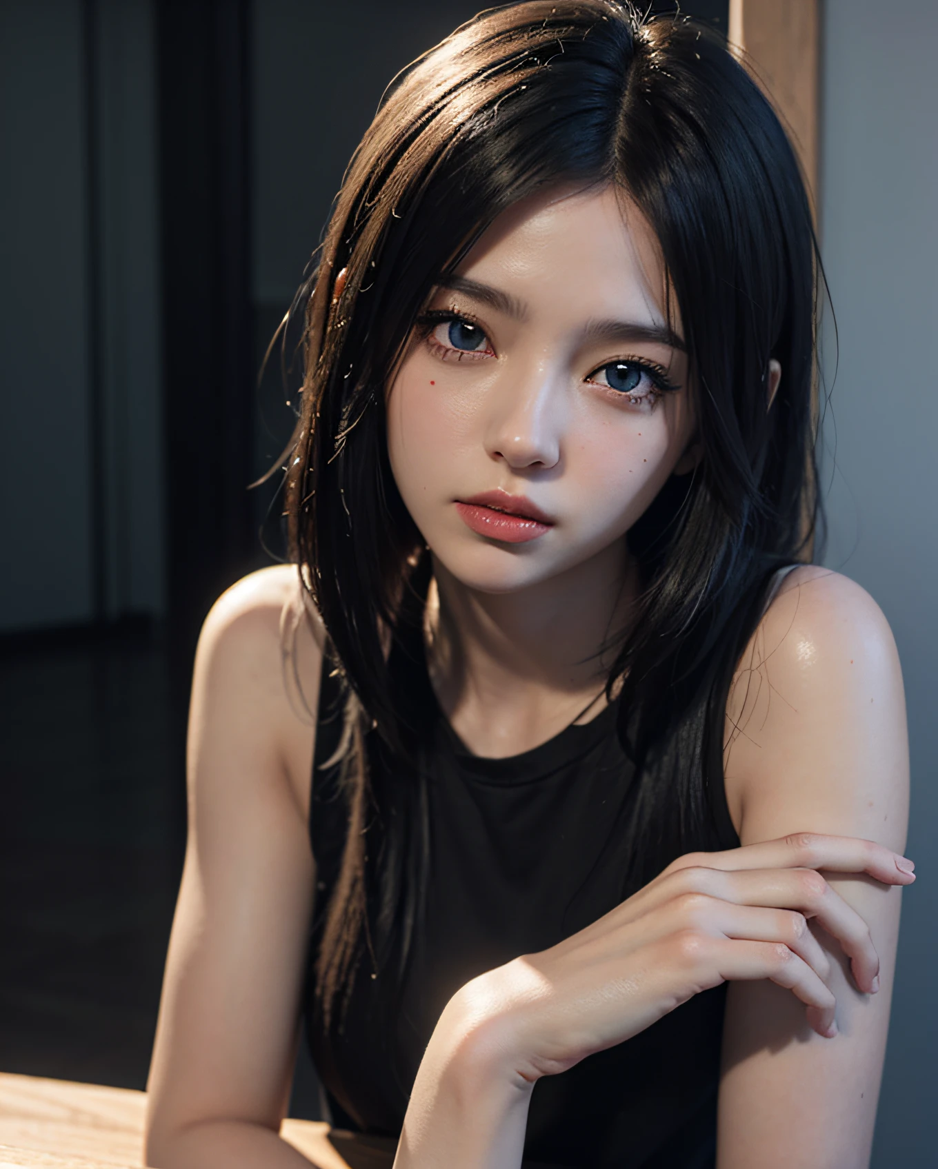 there is a woman with a black shirt and blue eyes, realistic anime 3 d style, anime styled 3d, close up character, 🤤 girl portrait, small character. unreal engine 5, stylized anime, 8k portrait render, render of a cute 3d anime girl, 3 d render character art 8 k, highly detailed character, 3d character