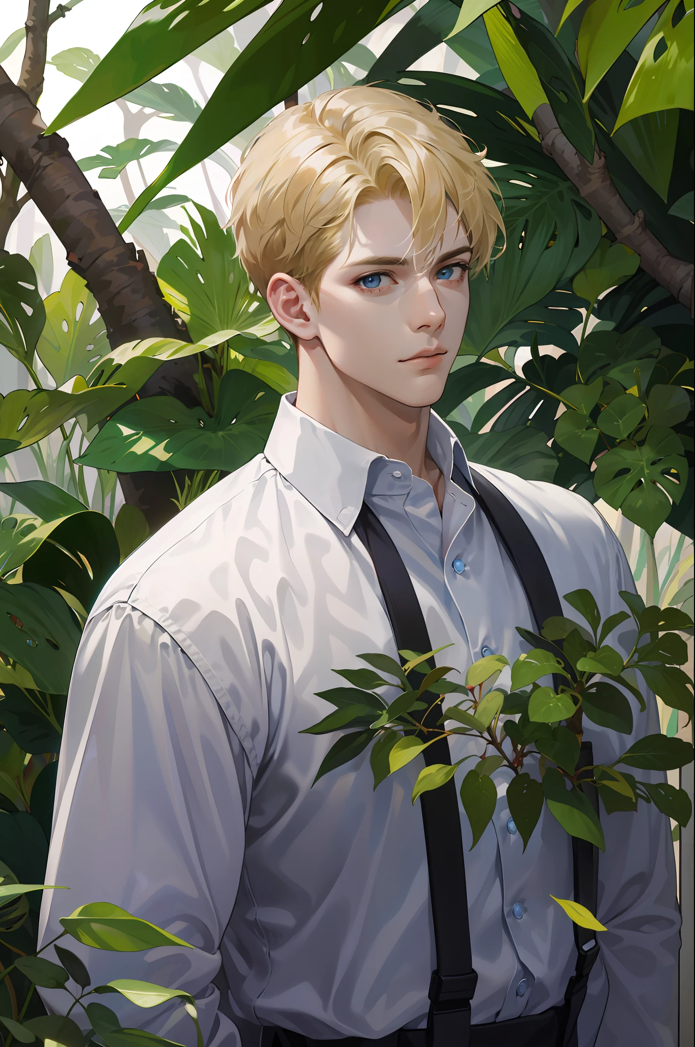 (absurdres, highres, ultra detailed), 1 male, solo, adult, (mature:1.4, aged up:1.4), tall muscular guy, broad shoulders, handsome, angular jaw, thick neck, BREAK, looking at viewer, short blonde hair, blue eyes, long sleeves, forest, trees full of greenery, fluttering leaves, natural light and shadow, Jungle exploration, lots of plants, depth of field, upper body, frontal,