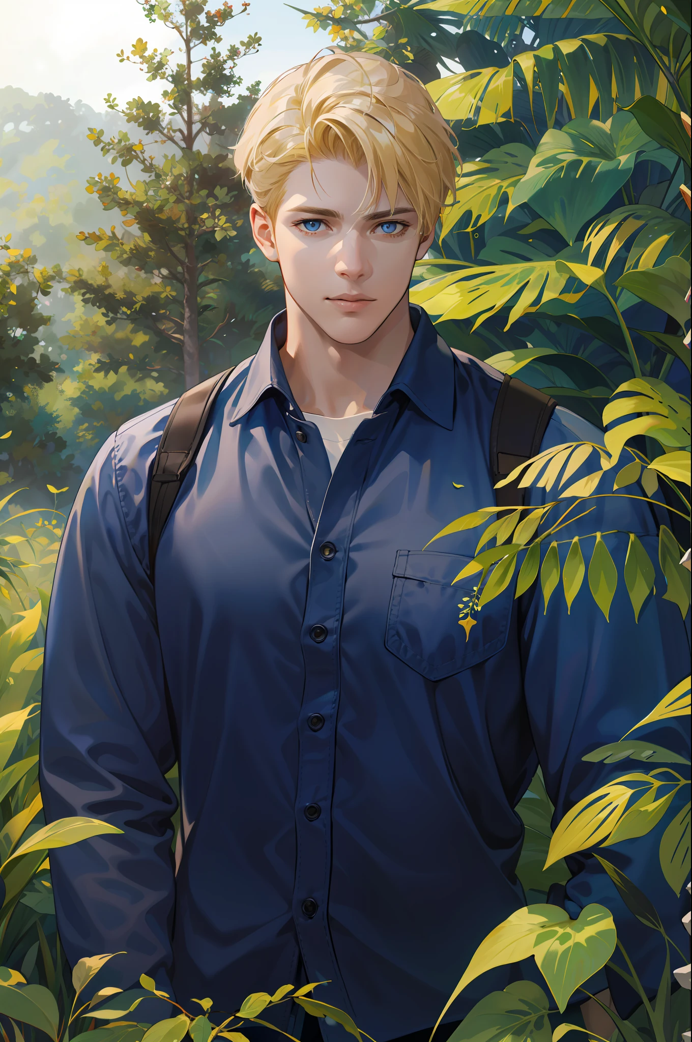 (absurdres, highres, ultra detailed), 1 male, solo, adult, (mature:1.4, aged up:1.4), tall muscular guy, broad shoulders, handsome, angular jaw, thick neck, BREAK, looking at viewer, short blonde hair, blue eyes, long sleeves, forest, trees full of greenery, fluttering leaves, natural light and shadow, Jungle exploration, lots of plants, depth of field, upper body, frontal,