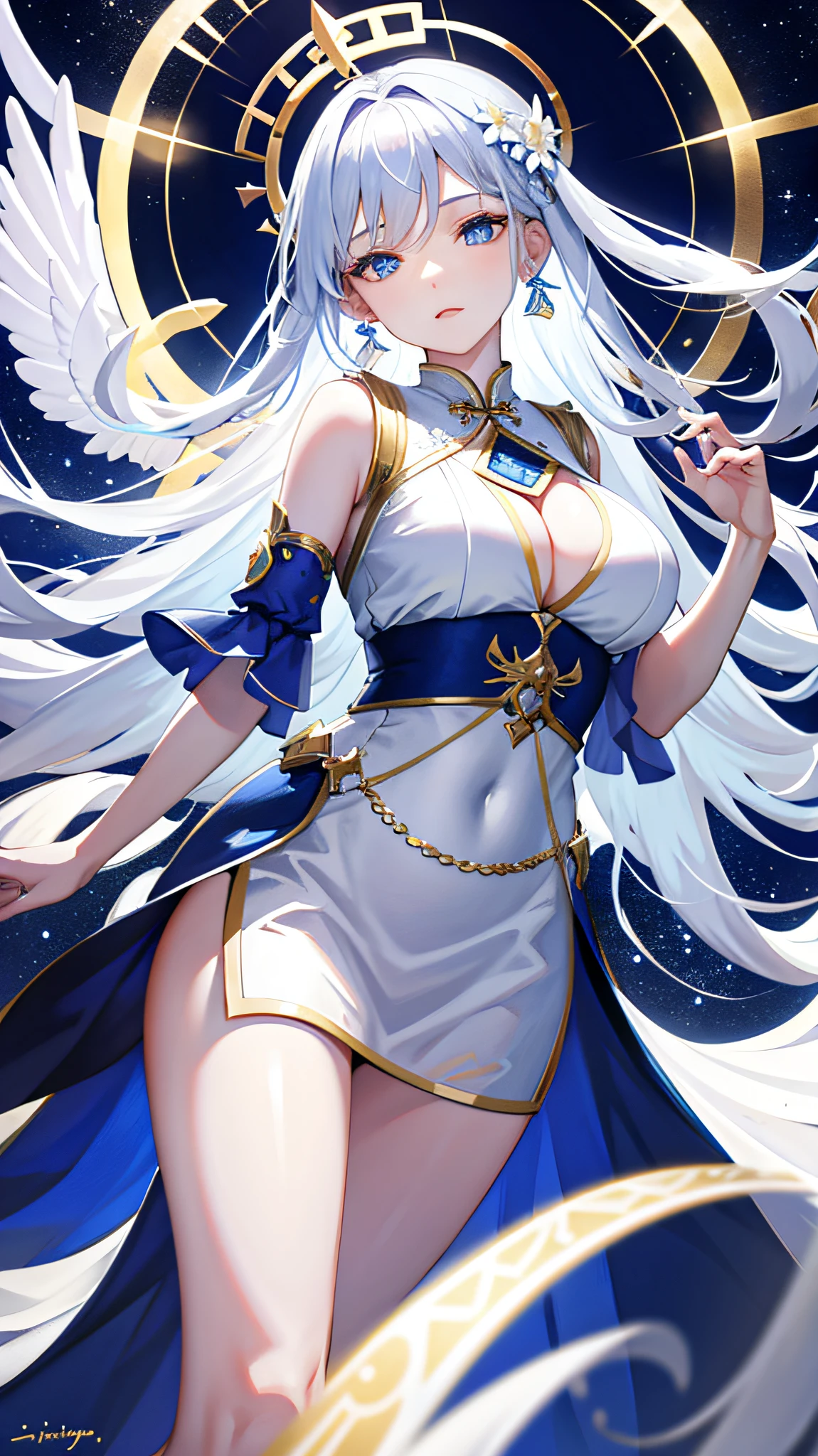 ((Masterpiece)), 1girl, flying through the sky, white leotard, white pleated skirt, pink tight gloves, ruffled stockings, beautiful wings, perfect body, sexy body, petite, super beautiful, panorama, side view, looking away, ((beautiful eyes)), ((good anatomy)), (highly detailed), ((best quality)), (((masterpiece))), absurderes, cinematic lightning