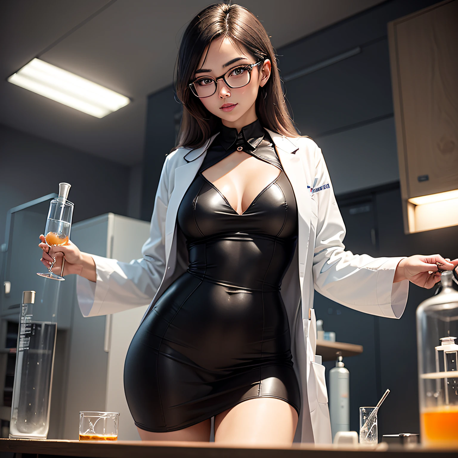An image of a captivating woman dressed as a ???? doctor in a lab. She exudes intelligence and fascination when conducting experiments, wearing a tight lab coat and stylish glasses. The image shows the combination of intelligence and beauty in the scientific field.