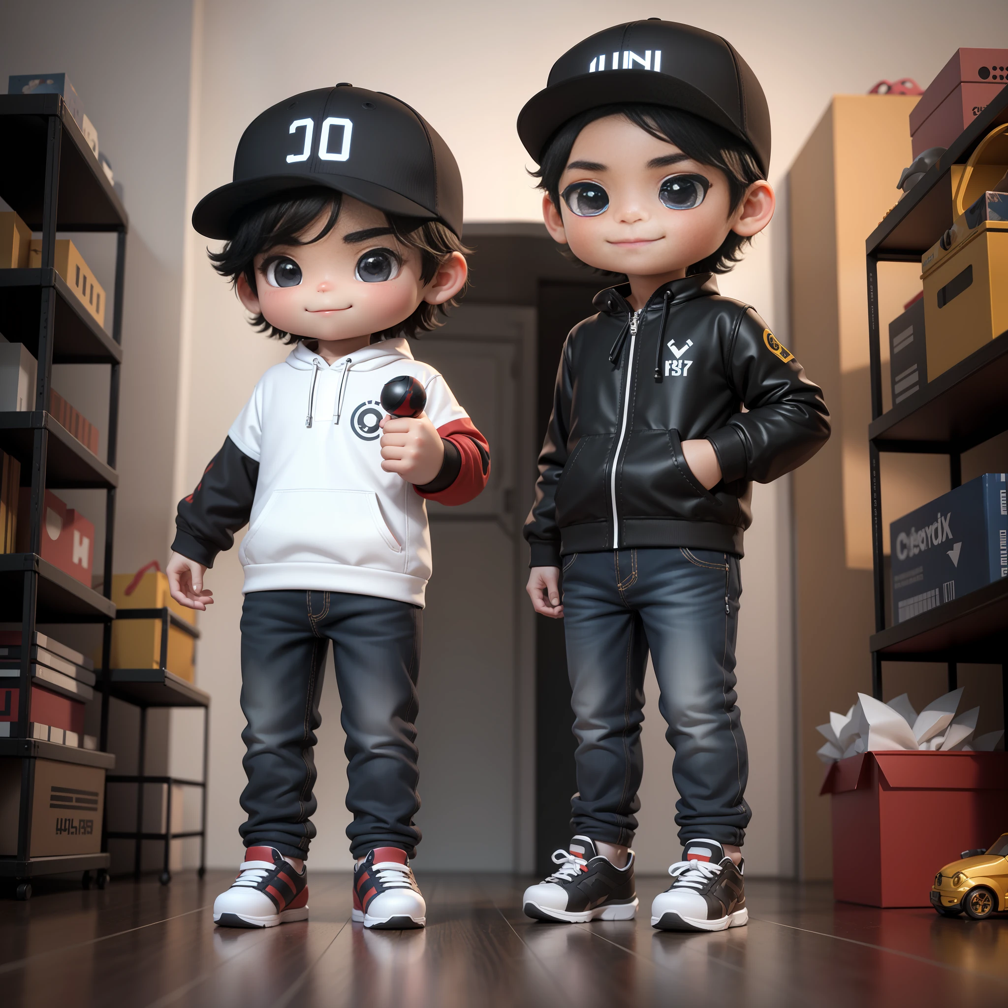 ((masterpiece, best quality)),(complex lighting),,solo, smile, black eyes, black hair, 3d toy, 3d rendering, ip, cyberpunk style, chibi, cute little boy, chibi style, 4 year old, hat, white background, full body, male focus, shoes, pants, polo, baseball cap,