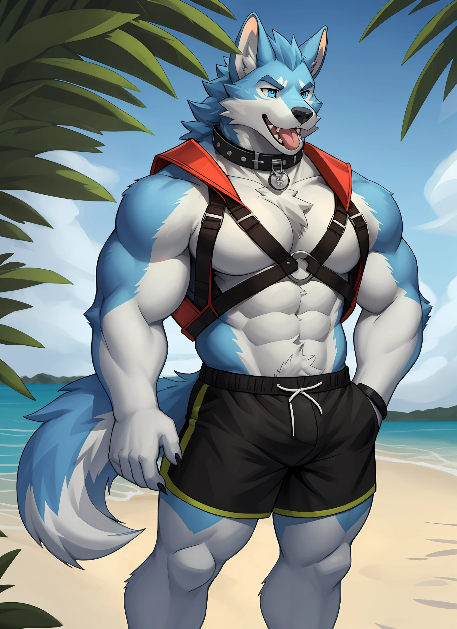 独奏,1boys, Male focus, very muscular, chest muscle, mucular male, Briefs, Sharp nails,sandbeach, Long hairs, Blue fur,Thick legs,独奏,solo person,swimshorts,There's only one person!Stick out your tongue,Cross your hands at the waist,Blue pupil,White lining,eye closeup,Barefoot,life jacket,body complet,Collar