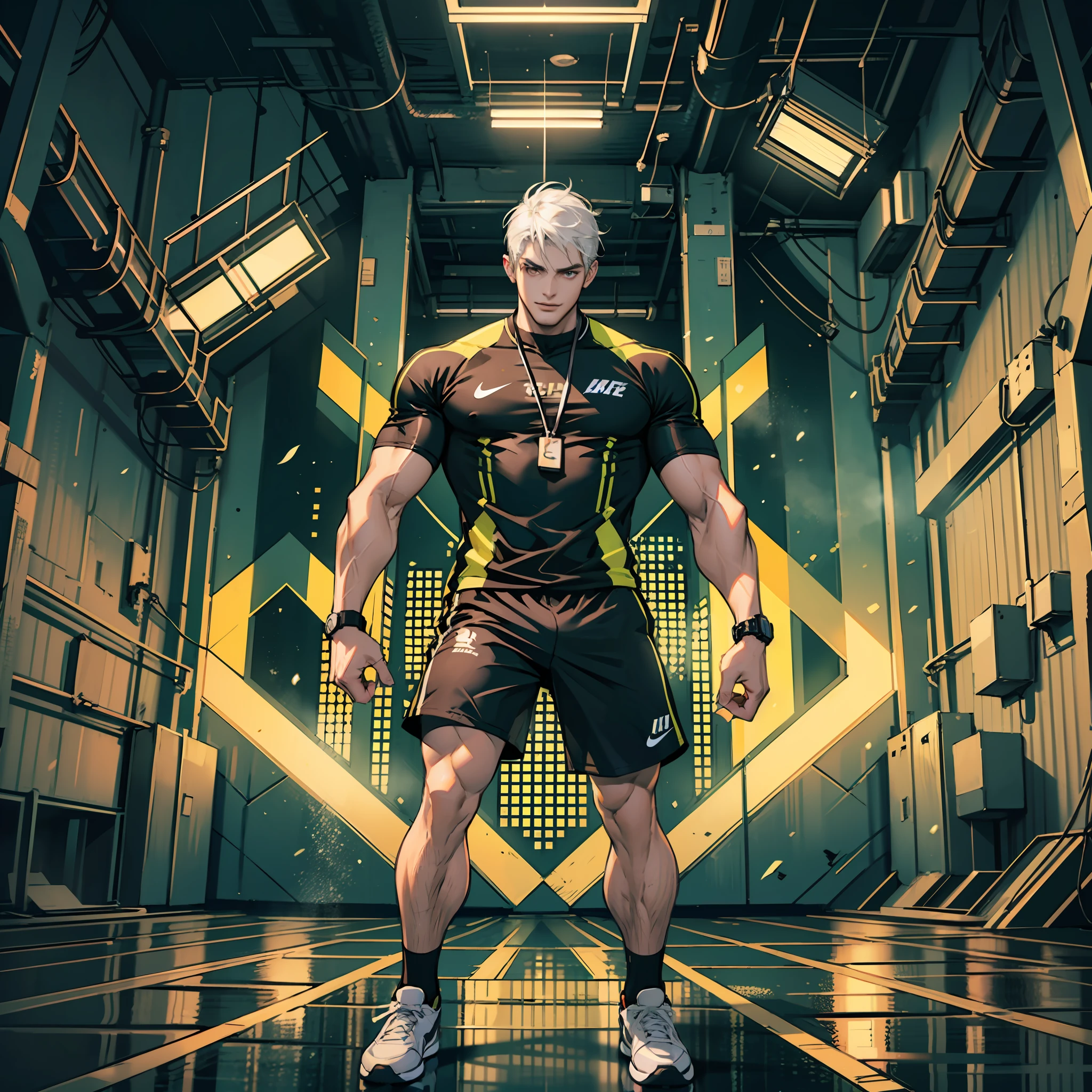 Best quality,masterpaintings,Ultra-high resolution fills the picture,A gym with a black and yellow color scheme,Night indoor black and yellow background color scheme,Neon lights,Sports trends,A male,A muscle,Toned body,idol,Black sportswear,Liquid color matching clothing,Complicated background,Weight instruments in the background,High-tech screen in the background,Sports equipment,Lateral face,A smug smile,Dress less,There are fitness elements in the rear,Nike brand,Tech gym,Perfect face,8K quality,Cyberpunk,sense of science and technology,Character backlighting,rim-light,Movement changes,short hair style,Loose hairstyle,Silver hair,The number of fingers is refined,Wear an electronic digital watch,Sports headphones,The most handsome boy in mankind,Dye hair,Delicate close-up of the face,Realistic image quality,Super light and shadow,Very good figure,English slogan neon,Runway lights,The brand name is(SONEAR FIT),Handsome boy,20 yrs old,Handsome