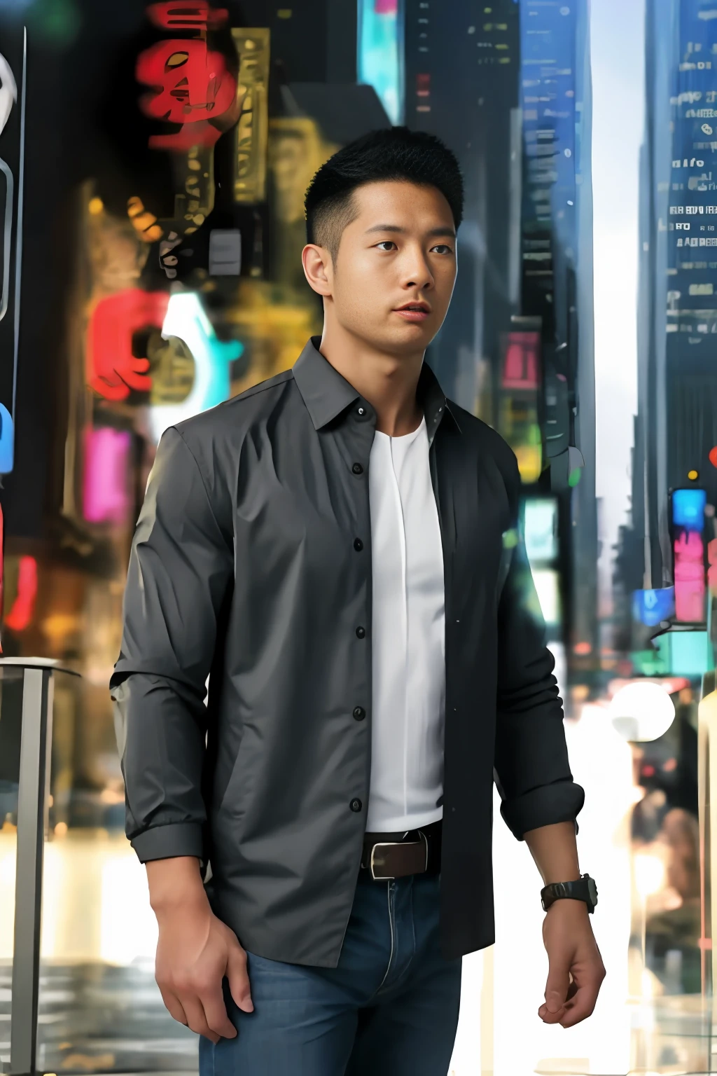 1 oriental male, big bumps, stubble. A 30-year-old muscular man wearing glasses, a reflective windbreaker, long-sleeved white shirt and tie, and leather shoes. Full body, soft lighting. In the city.(masterpiece, Best quality), 8K UHD, Digital SLR, filmgrain, Fujifilm XT3 photorealistic painting art