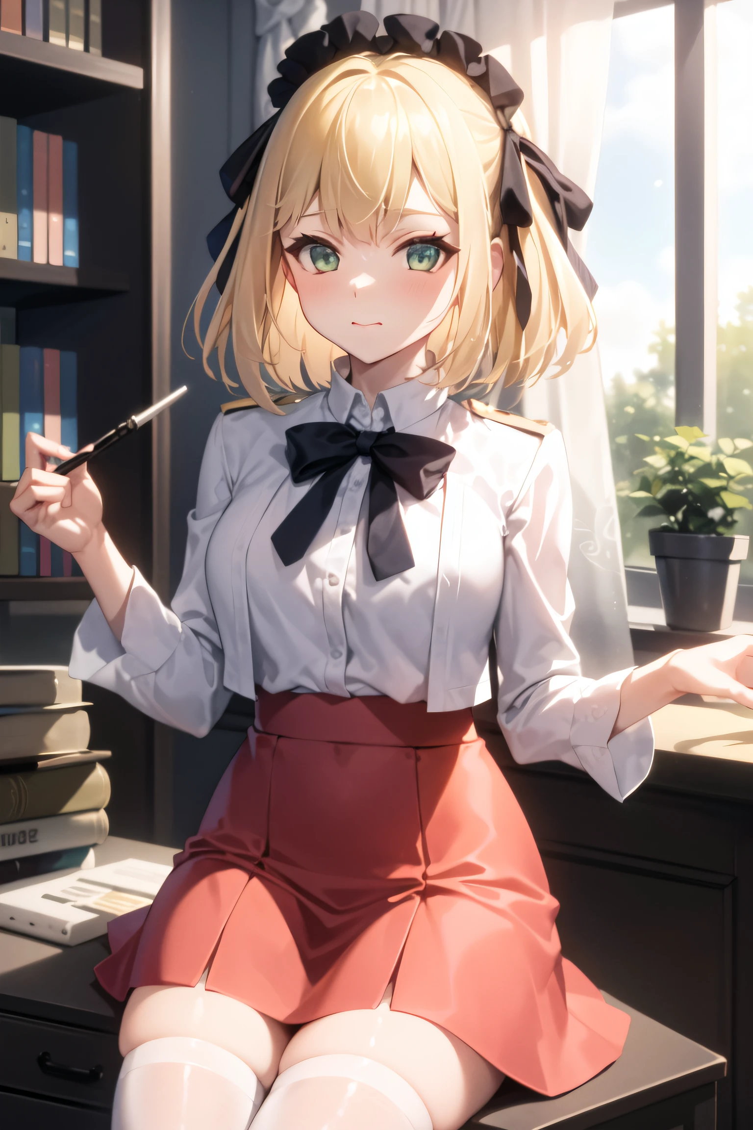 (anisphia_wynn_palettia:1.2), pink skirt, short hair, sitting on a desk, bookshelf, chemistry set, (((masterpiece))),(((best quality))),(((extremely detailed))),illustration, shiny,chromatic aberration abuse,pastel color,