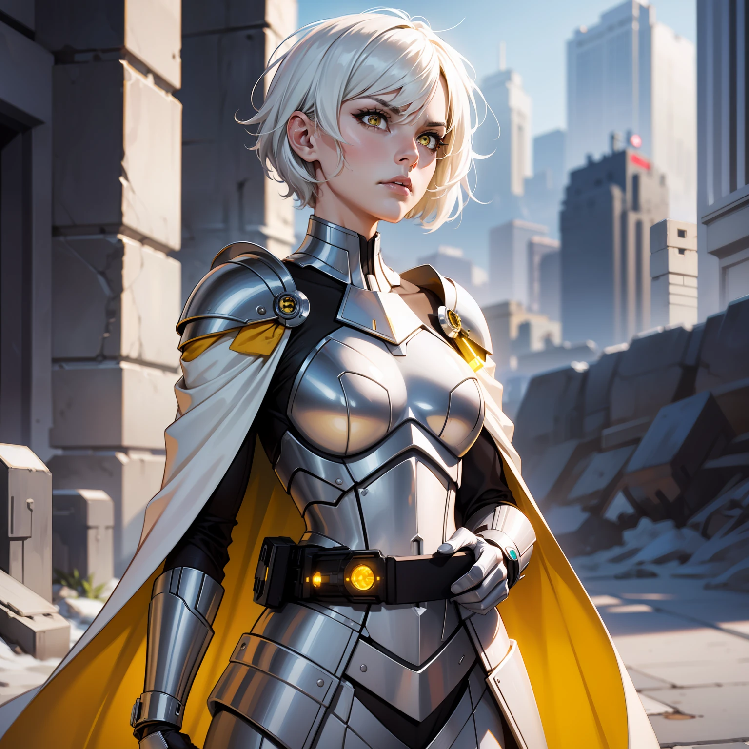 Yellow lightsaber in hand, short hair, concentrated face, combat attire, white hair, yellow eyes, white metal armor, android, human appearance, adult female, dress cape