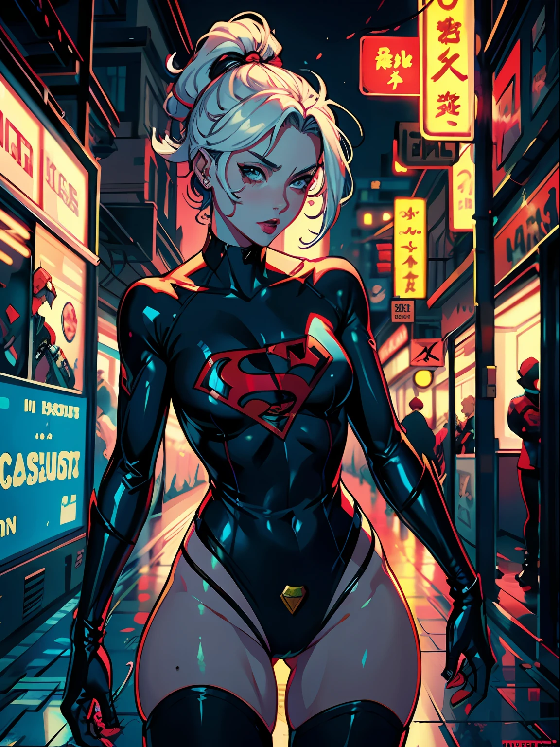 uma pintura digital supergirl, cabelos longos loira, arte cyberpunk de Josan Gonzalez, vencedora do concurso behance, afrofuturismo, synthwave, neon, neon brilhante,coxas grossas, cintura fina, sensual, nsfw, pouca roupa, arte erotica, anime, roupas  rasgada de batalha, seios grandes, expression of excited