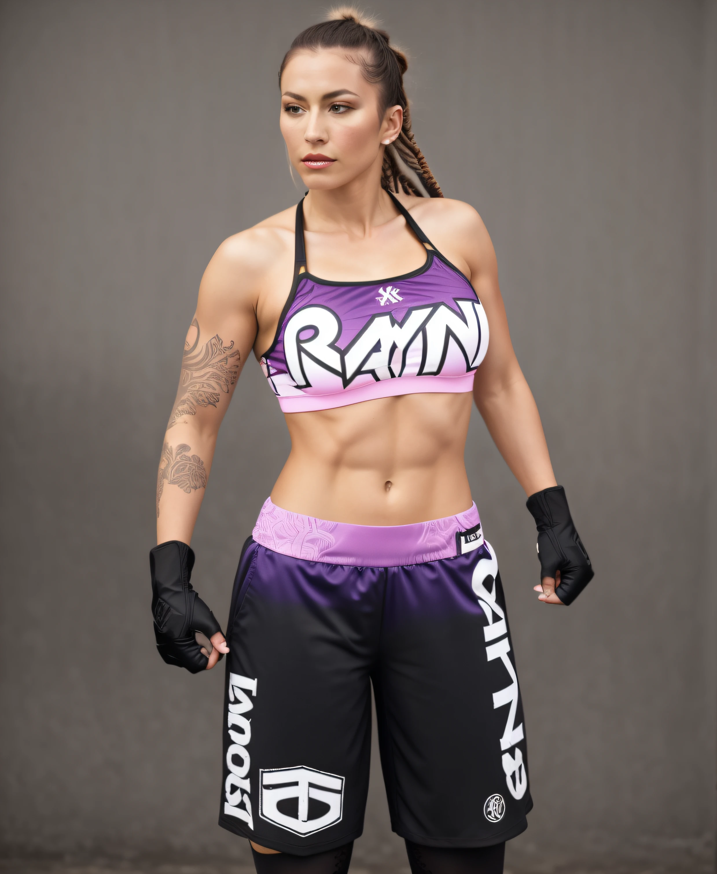 Beefy Brunette Caucasian woman with ponytail dreads, in Electric patterned sports bra that says "RAYNE", Electric patterned Mix martial arts shorts that says "RAYNE" and other logos, brawler gloves, photo realistic, intricate details