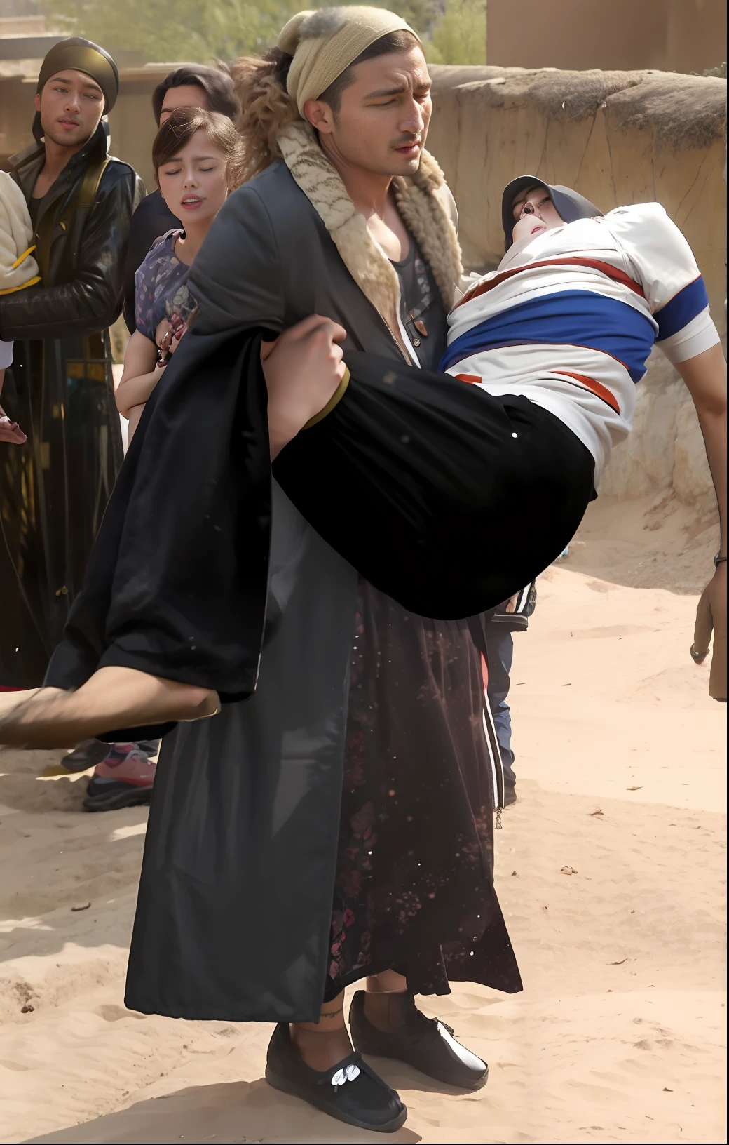 dramatic action pose, woman that is carrying a skinny man, there is a beautiful woman in a shiny coat who is carrying a blond man in her arms, a longhaired beautiful woman in a high-shine black puffy coat, a longhaired woman in a shiny downcoat, a woman is carrying a shorthaired man who is wearing black shorts, a weak man in black shorts is consciousless and needs to be carried, a shorthaired man with closed eyes is carried in the arms of a longhaired woman, a woman looks very scared and terrified, a consciousless man with closed eyes is suffering very much and has a very painful face, photo, photo shoot, photographed