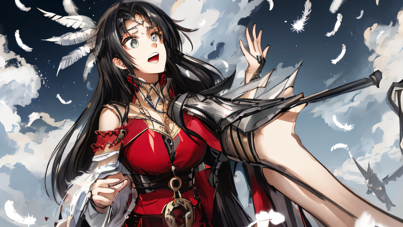 One wears a gorgeous red cloak(White fluff set with jewelry)With feathers stuck in her head, the beautiful woman with black hair was grabbed by the neck by a huge armored iron hand,